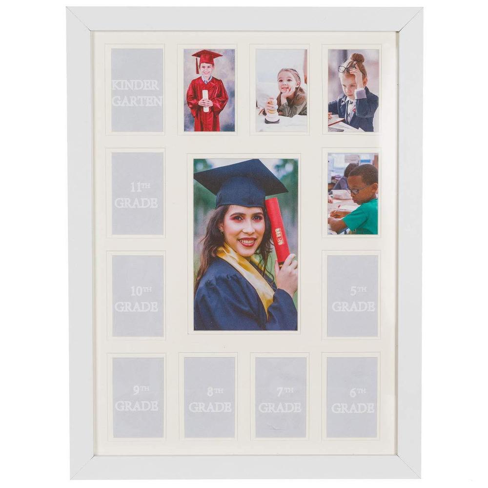 wood side orbis school years picture days collage frame with double white mat, displays one 5x7 photo and twelve 2.5x3.5 pict