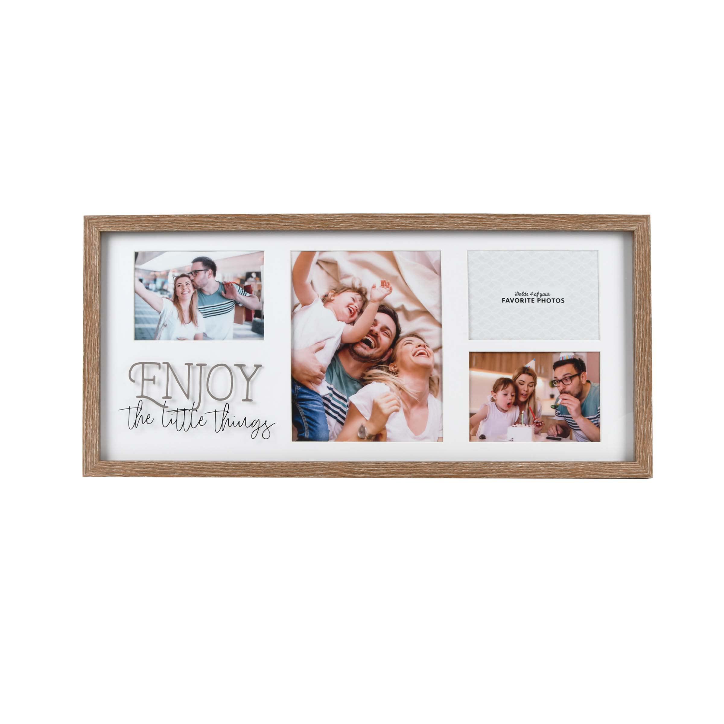 prinz 4-opening enjoy the little things collage picture frame 28" x 13" displays three 5x7 and one 8x10 photos, brown