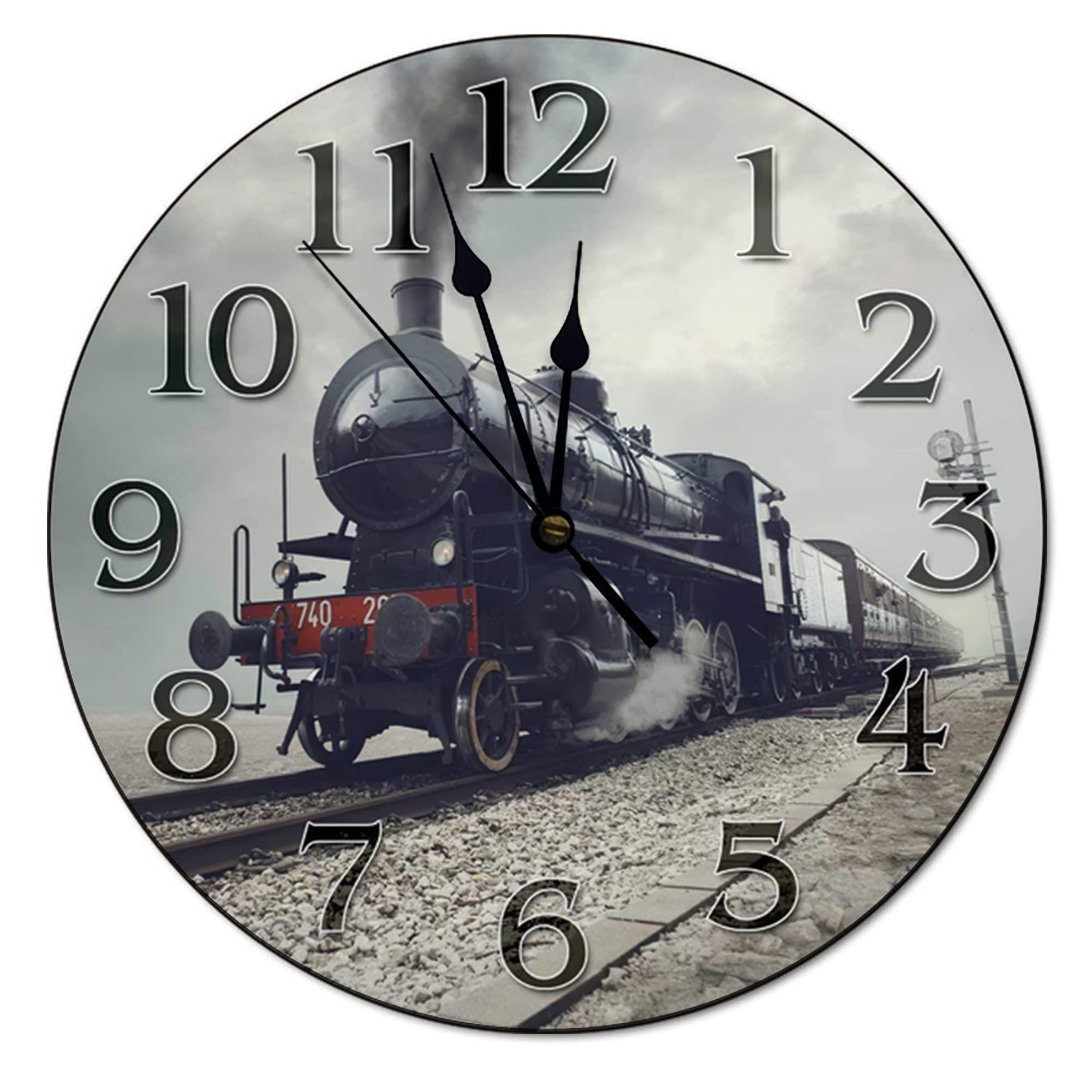 godblessign old train clock living room clock 10 inch wall clock silent non-ticking wooden wall clocks battery operated farmh
