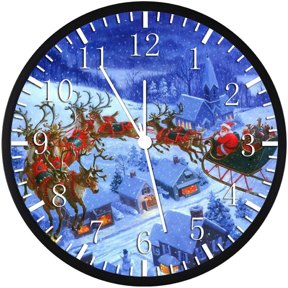 Borderless black frame christmas santa claus wall clock large 12" clear glass face silent non-ticking nice for gift or dcor w348