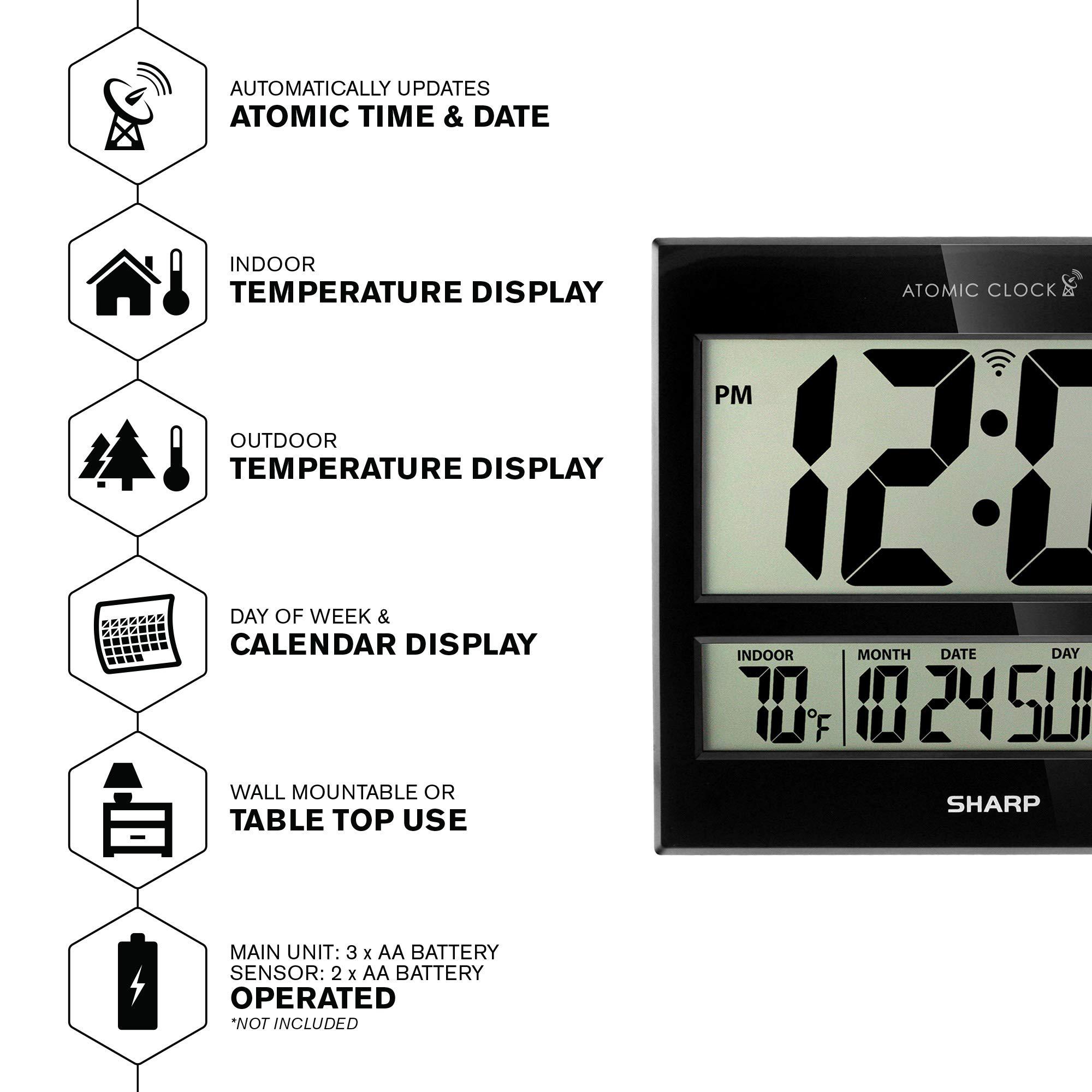 sharp atomic clock - never needs setting! - jumbo 3" easy to read numbers - indoor/outdoor temperature display with wireless 