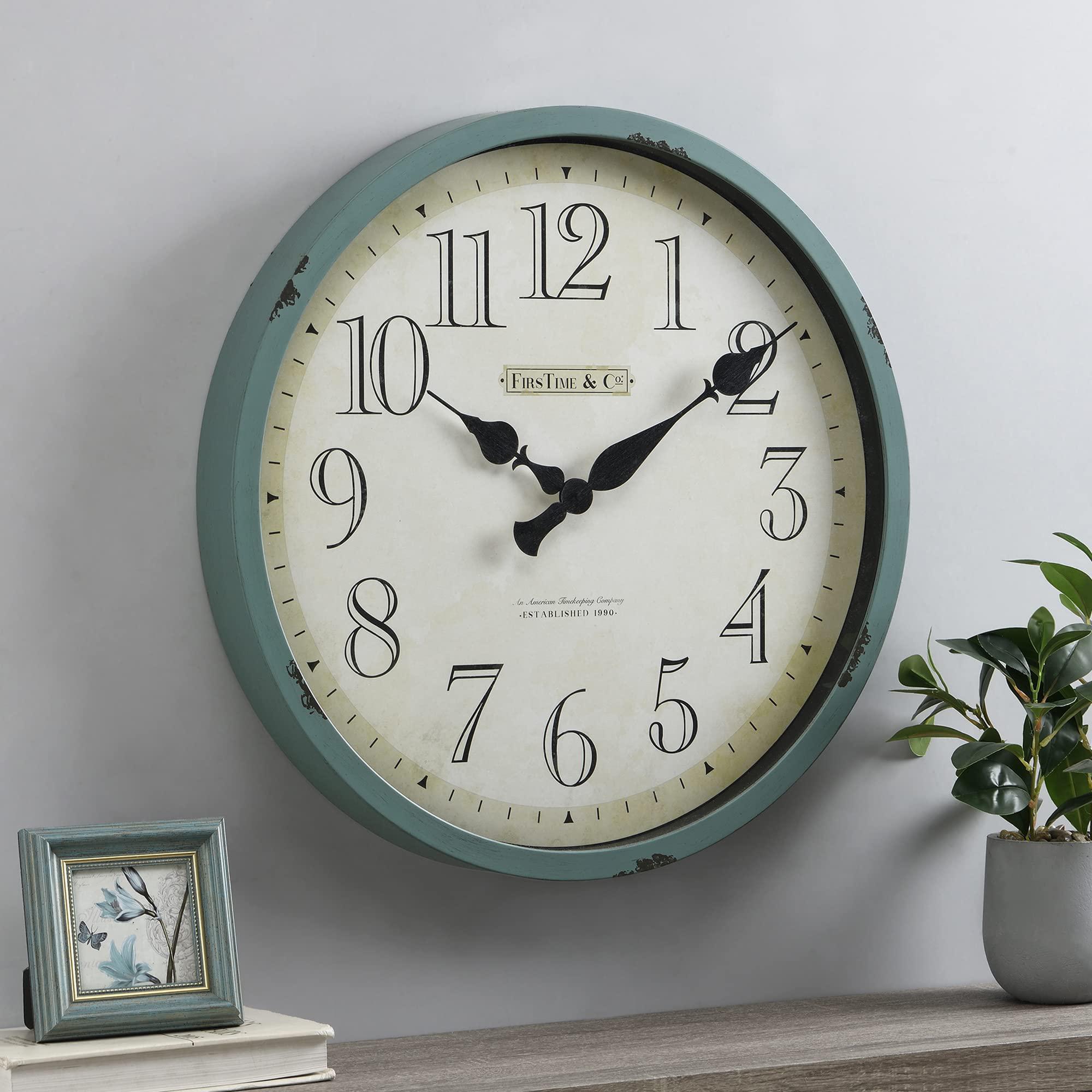 firstime & co. teal bellamy wall clock, large vintage decor for living room, home office, round, plastic, farmhouse, 24 inche