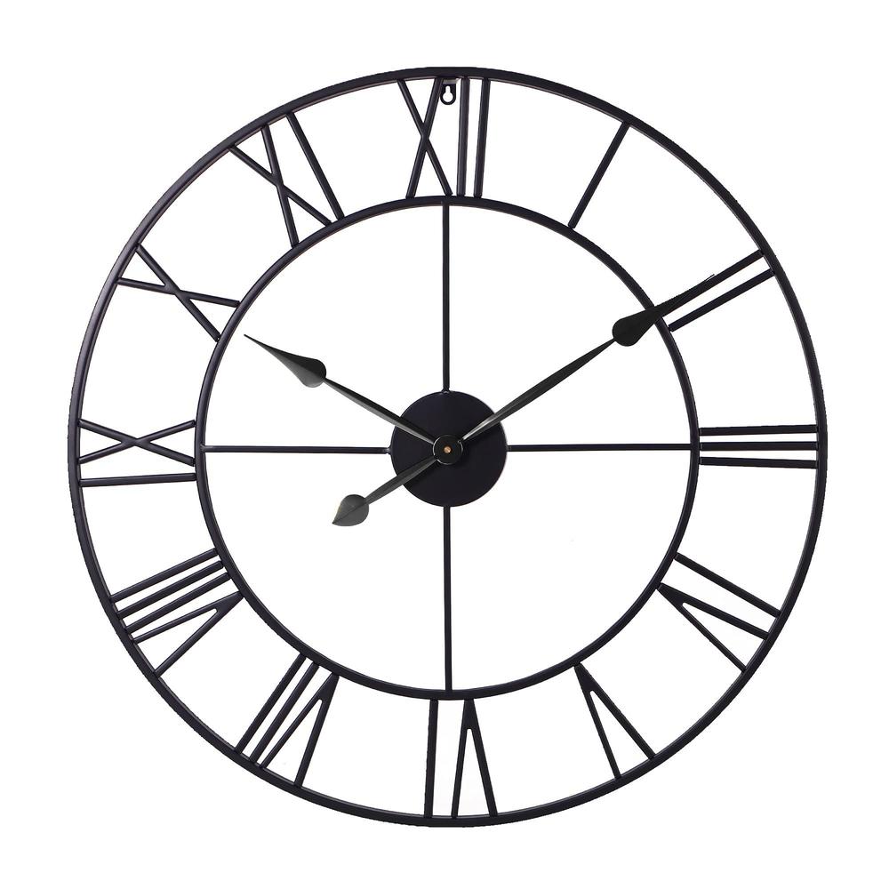 infinity time large modern 30 inch black metal roman numeral indoor silent non-ticking battery operated wall clock for living