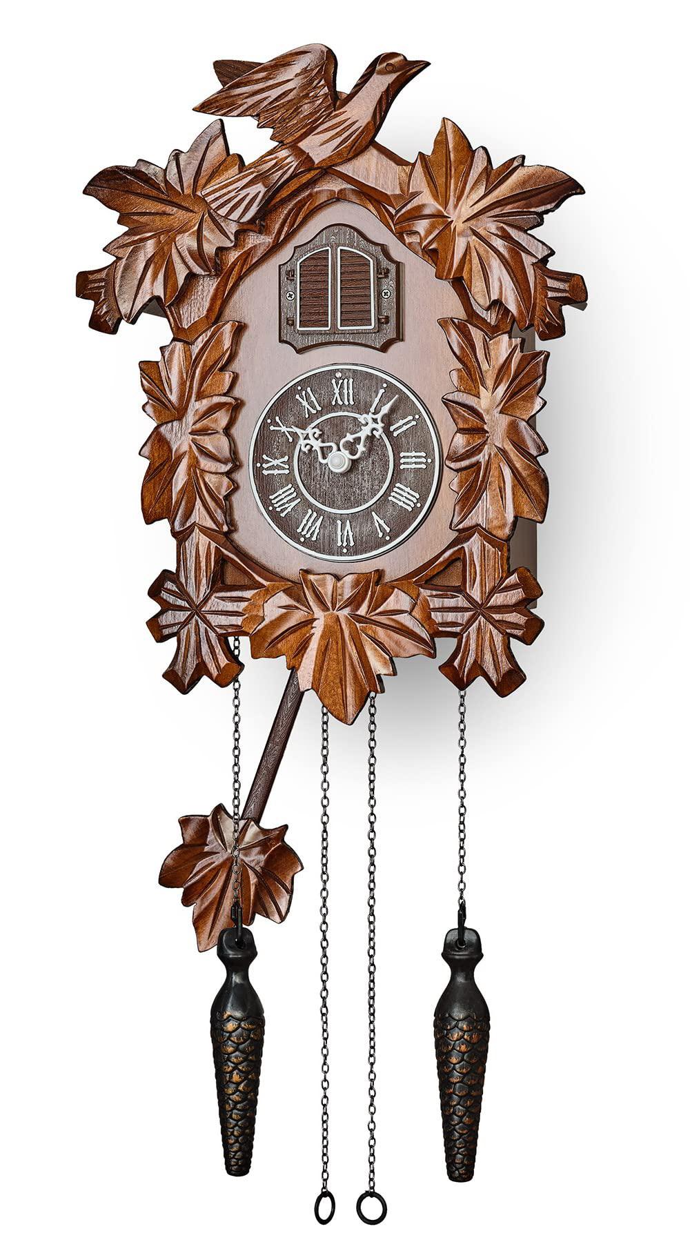 timegear cuckoo clock with night mode, hand carved decorations and swinging pendulum (brown)