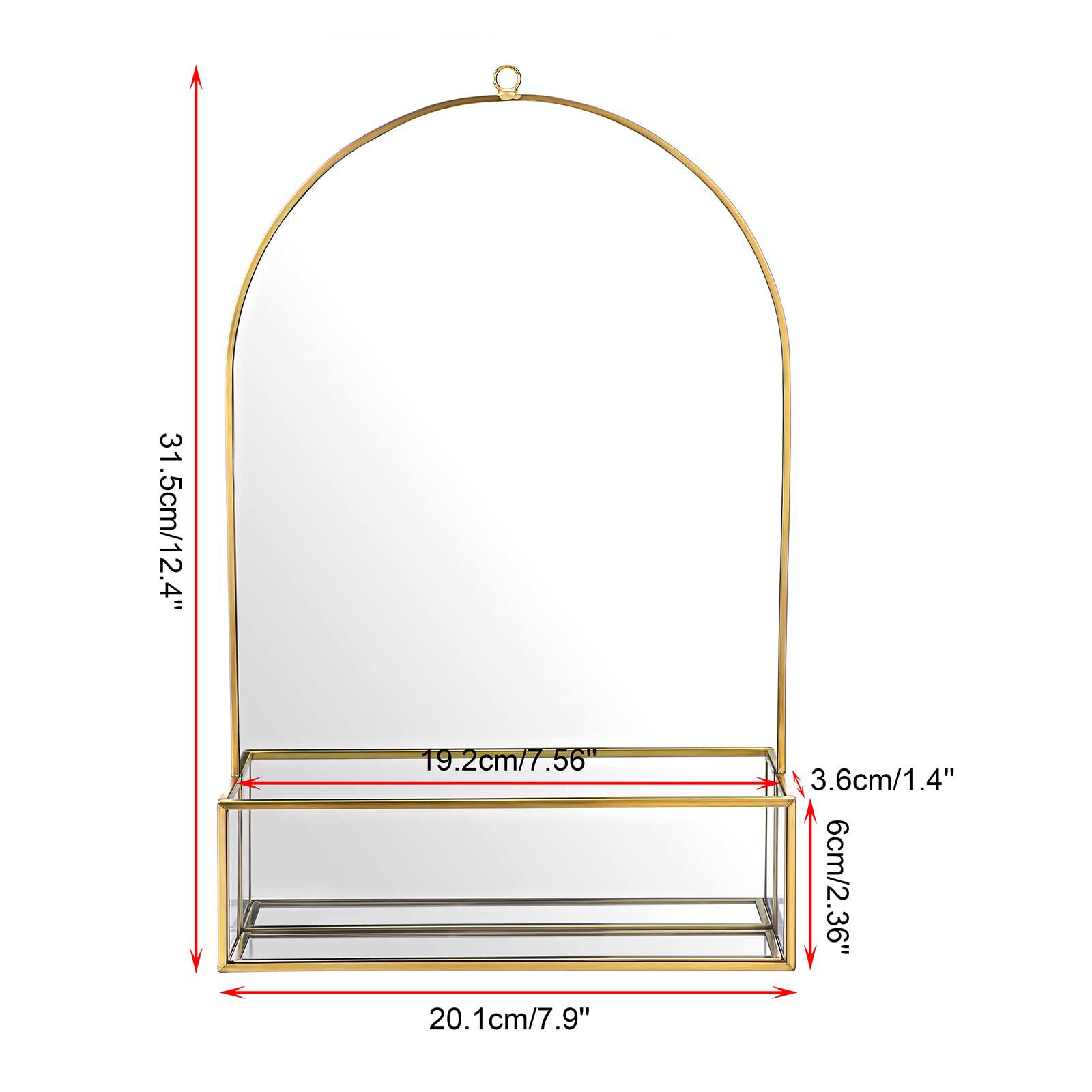 juxyes 11.8 x 7.87 inches brass frame wall hanging mirror with storage shelf, golden arc metal frame modern geometry mirror w