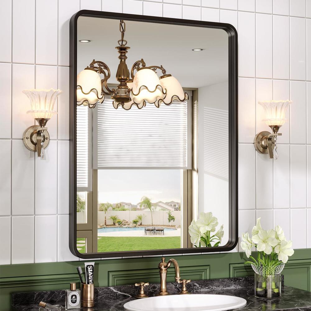 brightify black bathroom mirror for wall, 22 x 30 inch metal framed rectangle mirror, wall mounted vanity mirror for bathroom
