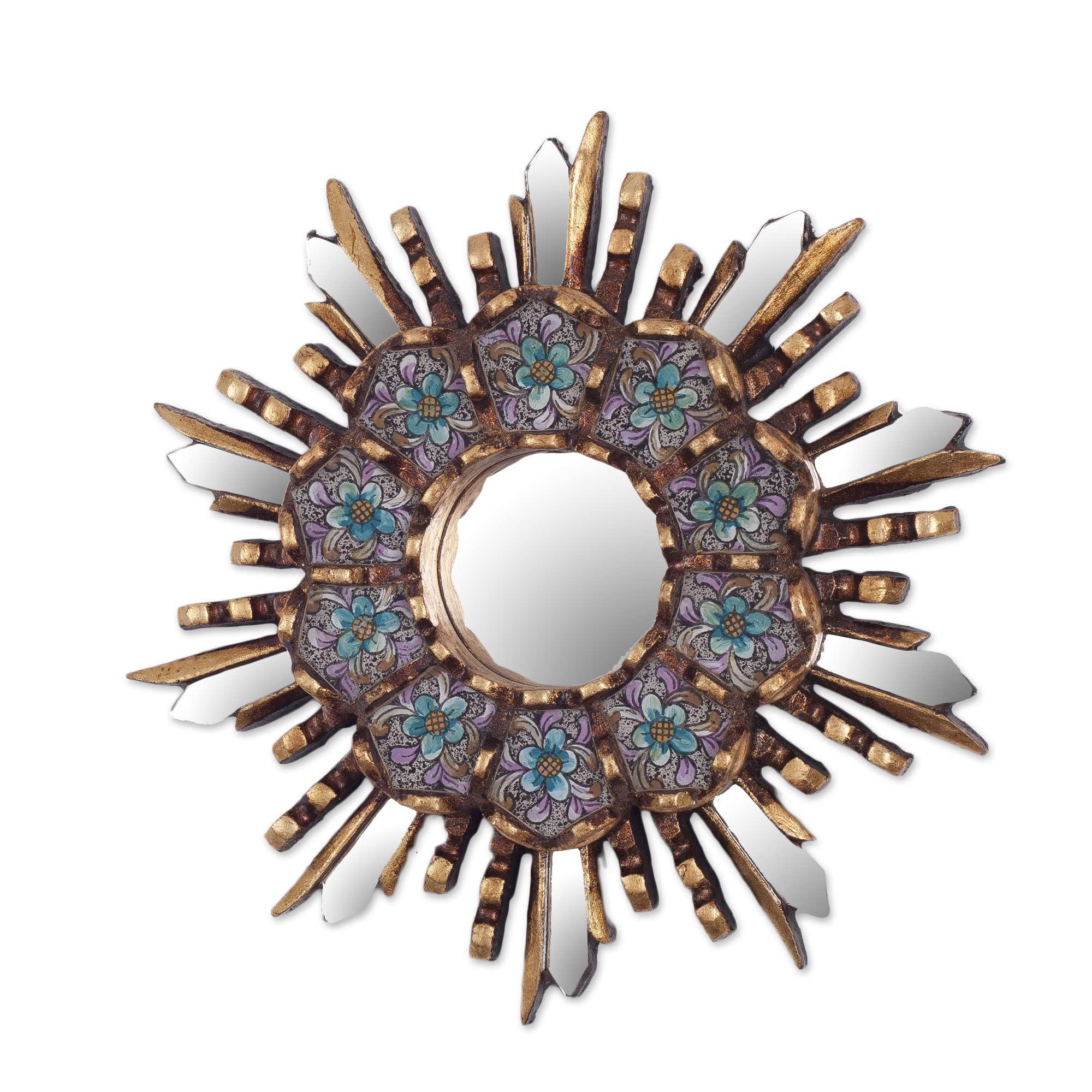novica blue floral reverse painted glass bronze leaf starburst wall mounted mirror, cuzco meadow'