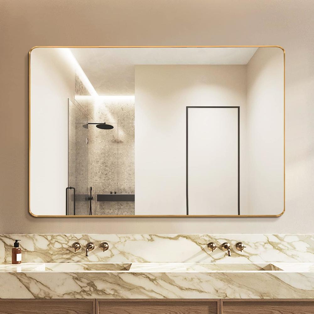 theiamo 48x30 inch bathroom mirror with beveled polished brushed gold metal frame, rectangle rounded corner vanity mirror, hd