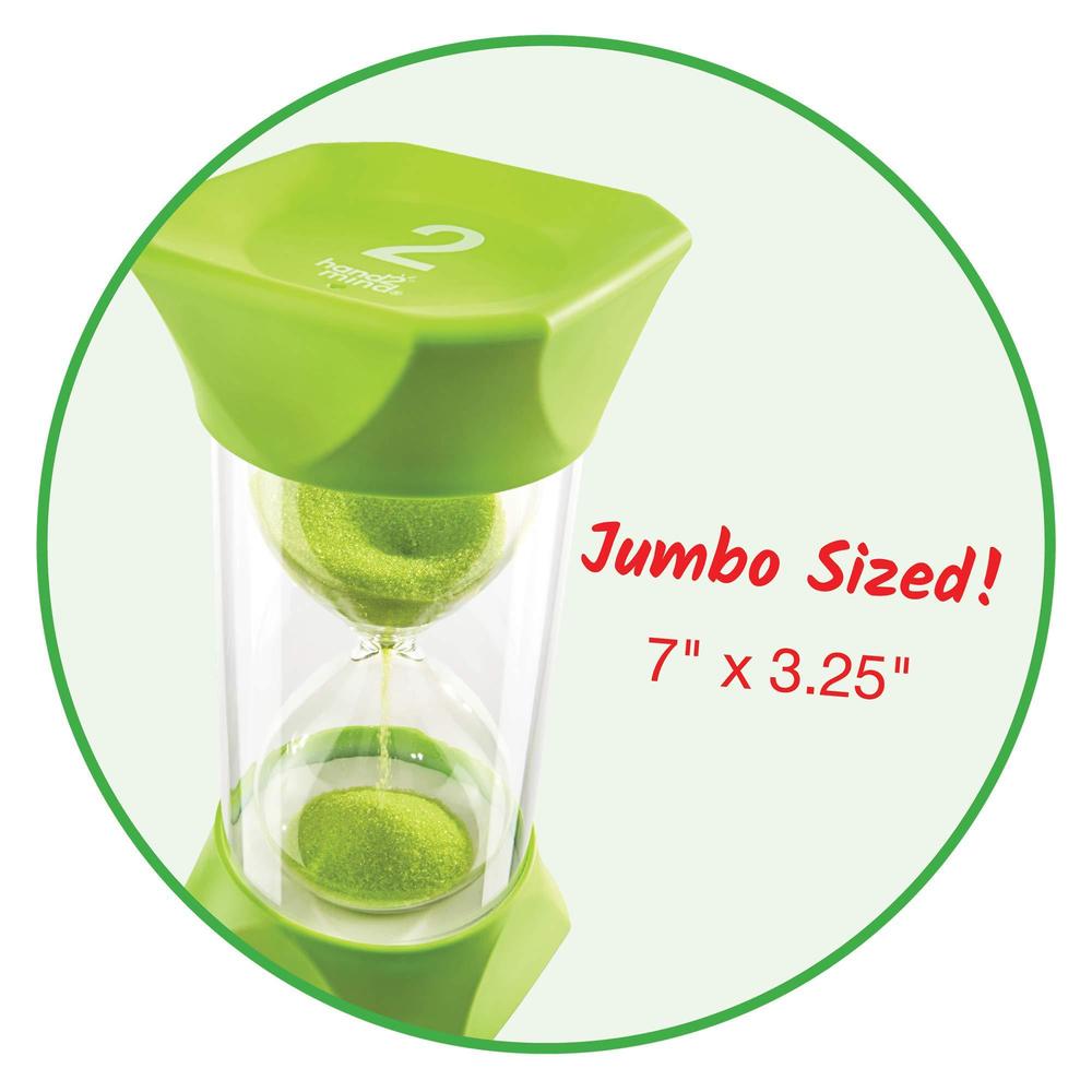 hand2mind green jumbo sand timers, 2 minute sand timer, hourglass sand timer with soft rubber end caps offers quiet pausing, 