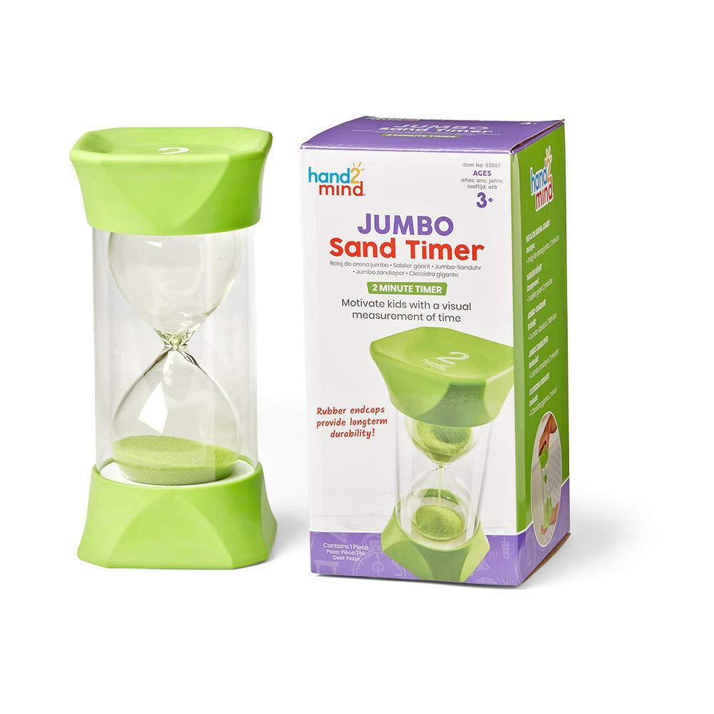 hand2mind green jumbo sand timers, 2 minute sand timer, hourglass sand timer with soft rubber end caps offers quiet pausing, 