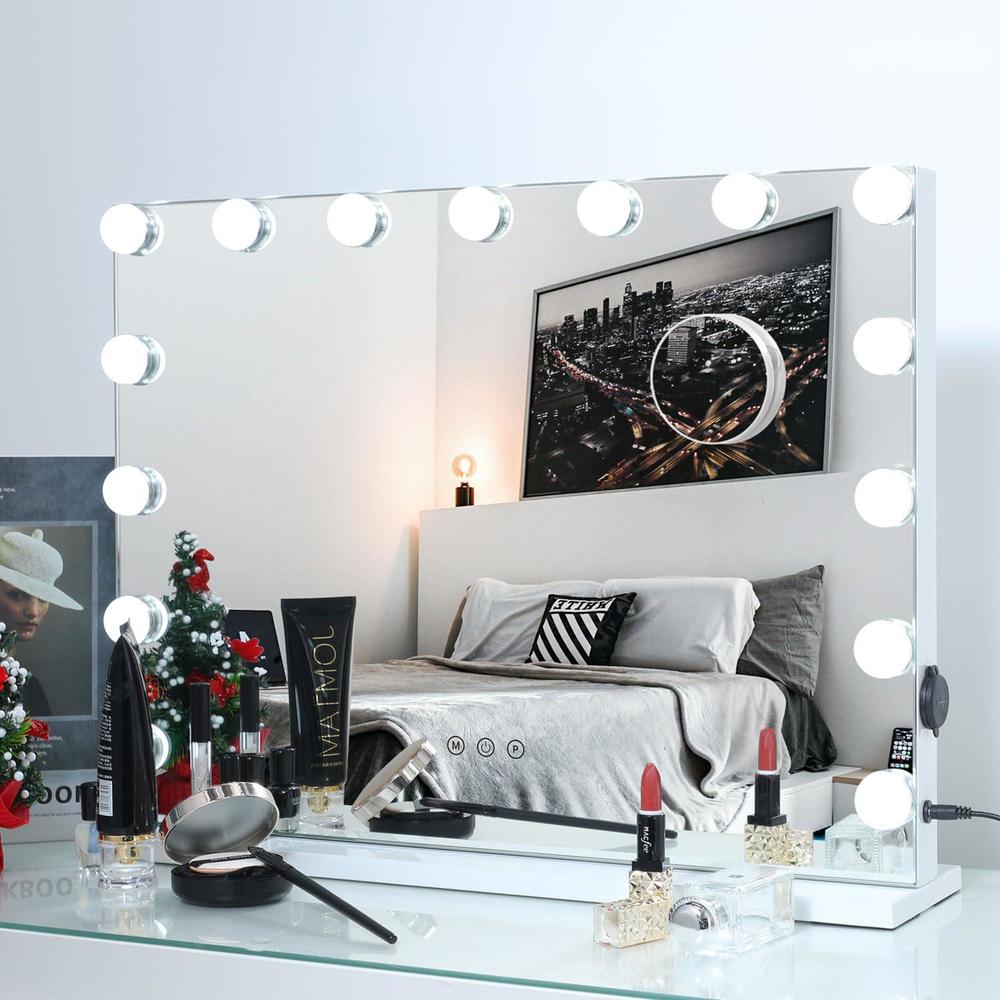 amst makeup vanity mirror with lights, lighted mirror with 15pcs dimmable led bulbs,tabletop light-up hollywood mirror 3 colo