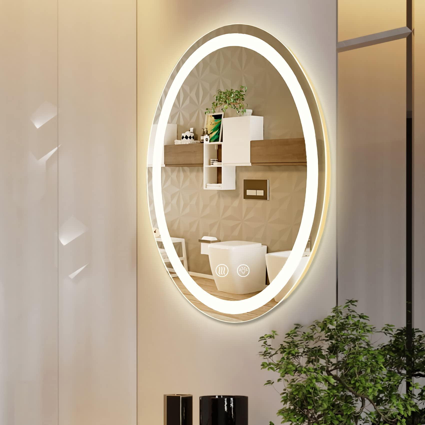 m ltmirror 23.6" x 31.5" led lighted oval bathroom vanity makeup mirrors with detachable magnifier, wall mounted anti-fog dim