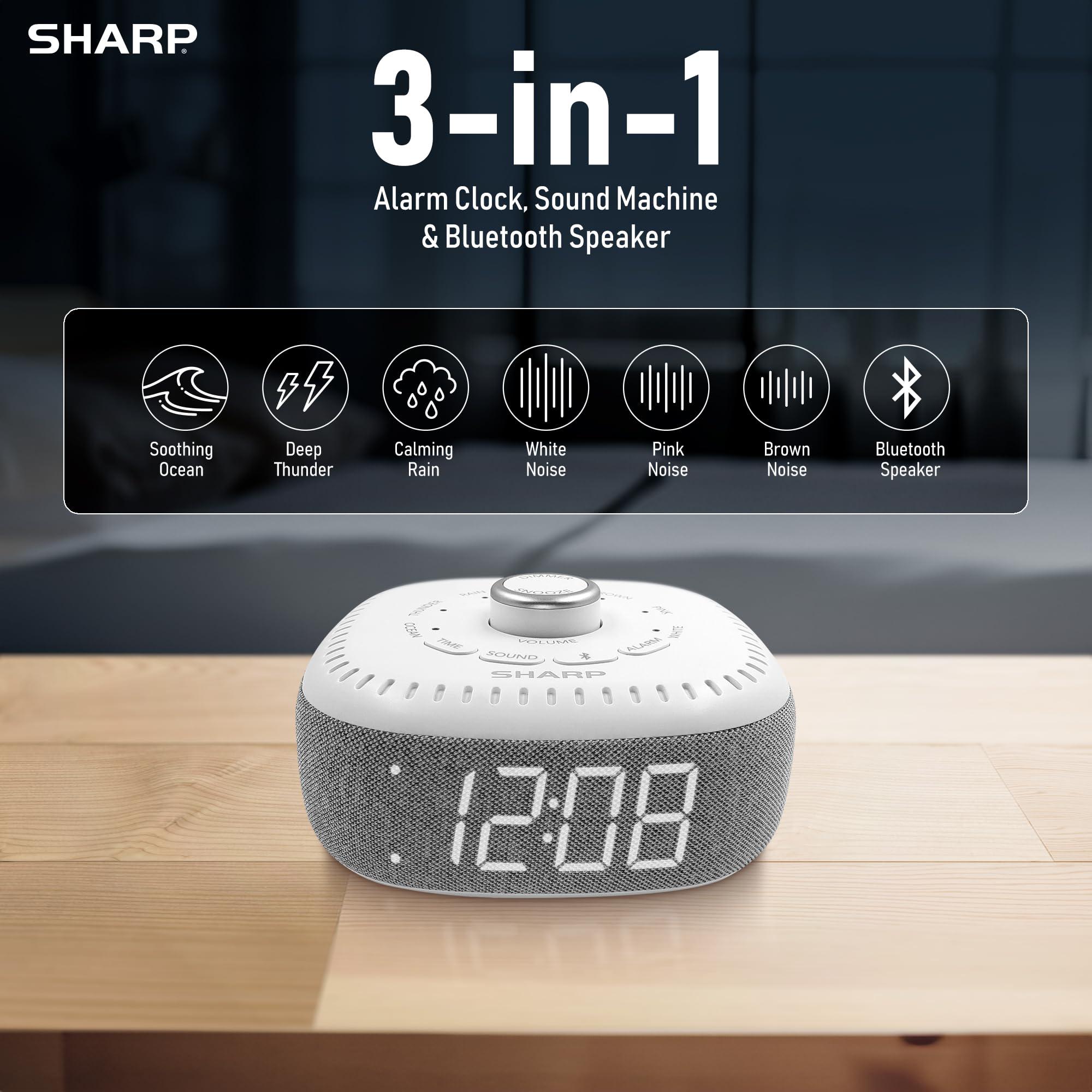 sharp sound machine alarm clock with bluetooth speaker, 6 high fidelity sleep soundtracks - soothing noise machine for baby, 