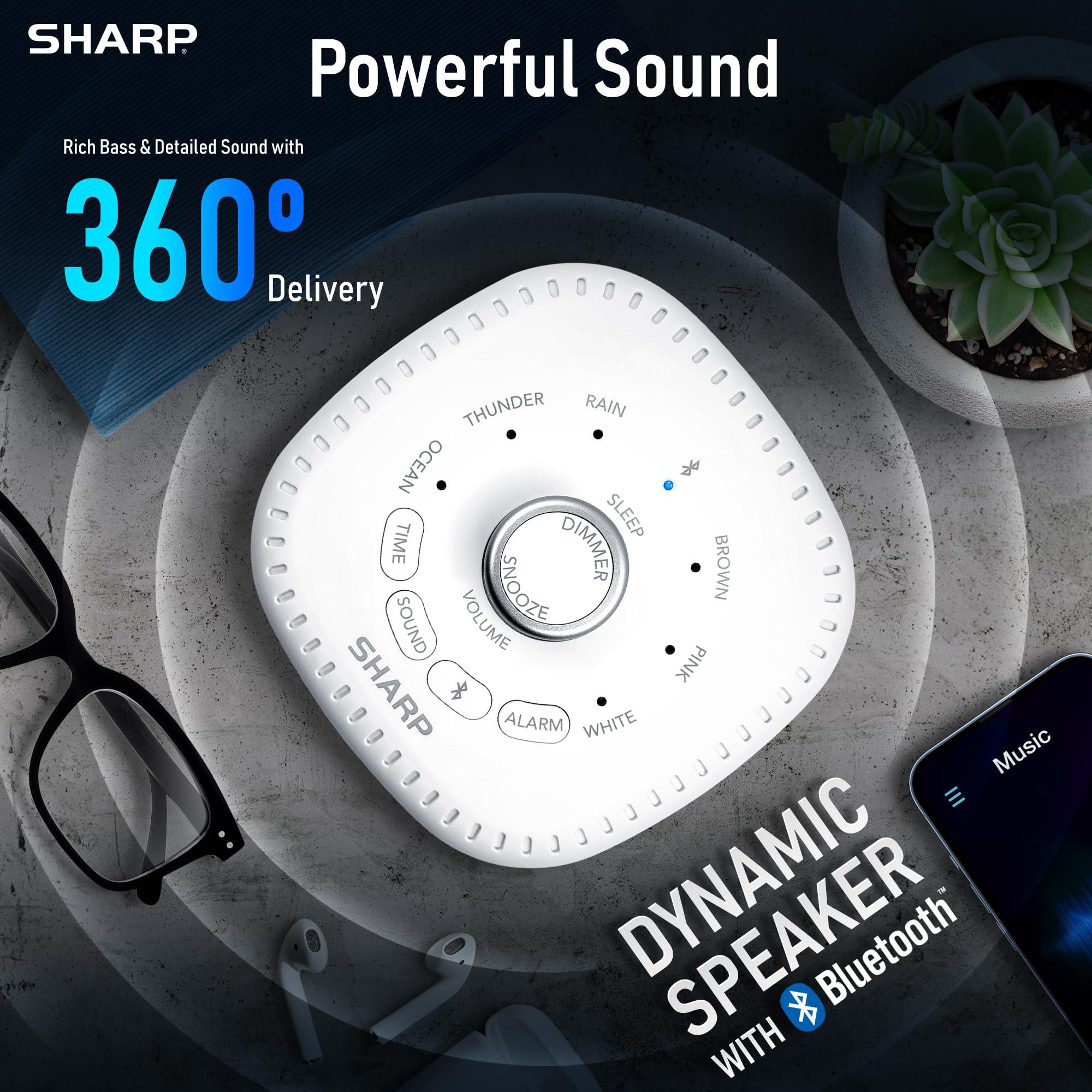 sharp sound machine alarm clock with bluetooth speaker, 6 high fidelity sleep soundtracks - soothing noise machine for baby, 