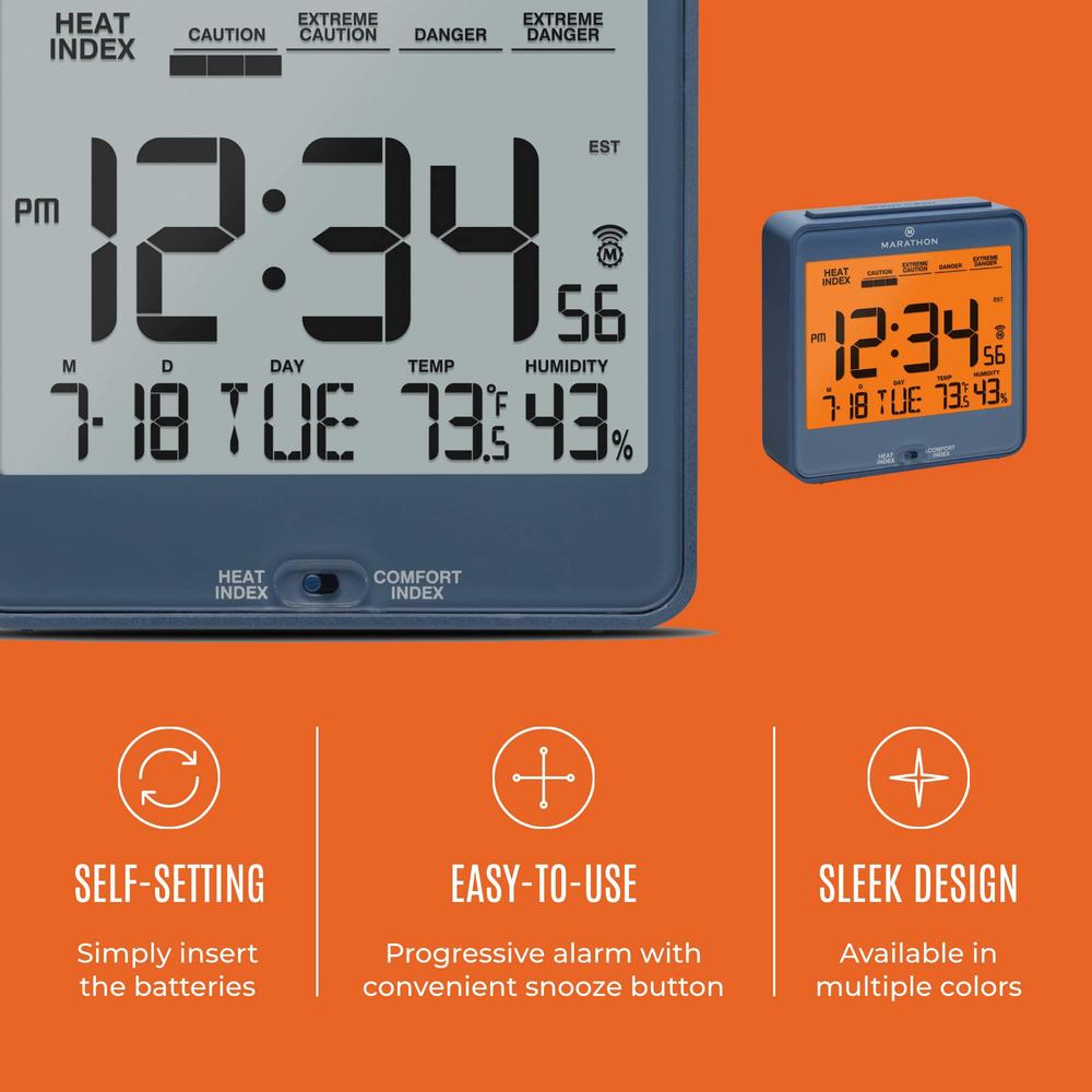 marathon atomic desk clock, blue - easy-to-read 5.2 display with calendar + heat & comfort index - includes alarm with snooze