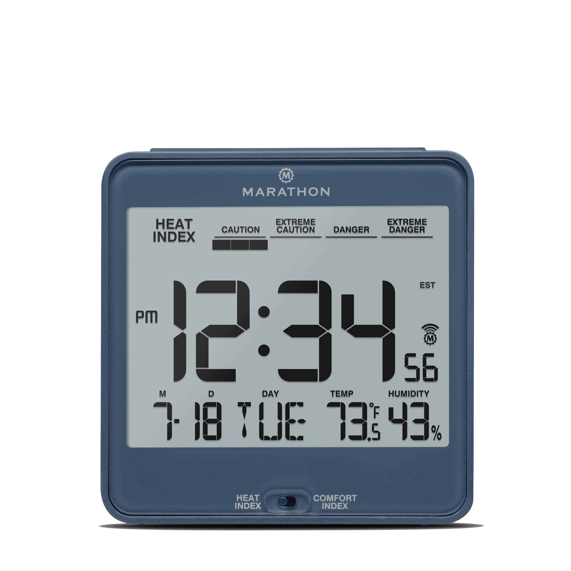 marathon atomic desk clock, blue - easy-to-read 5.2 display with calendar + heat & comfort index - includes alarm with snooze