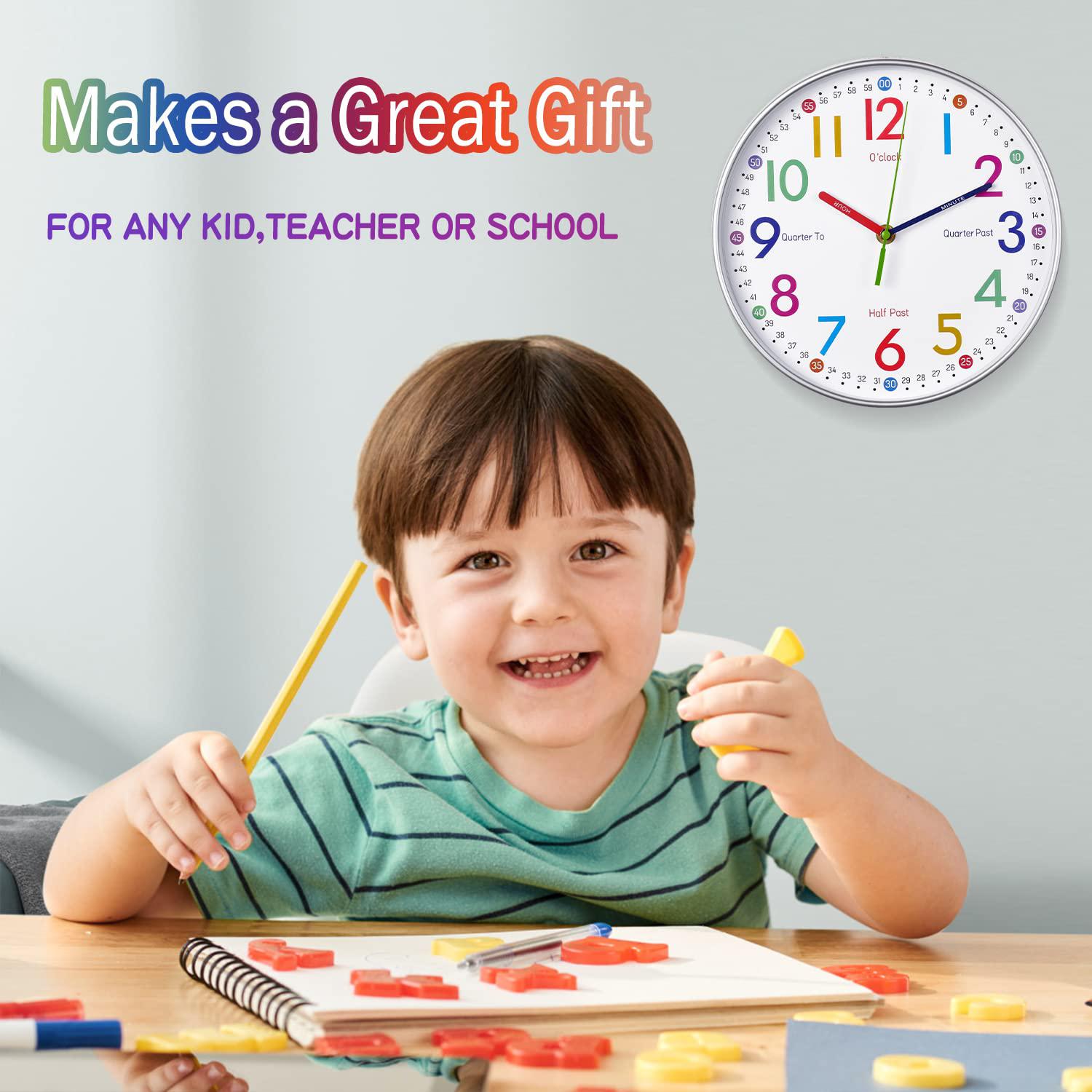 airuifu telling time teaching clock - learning clock for kids - kids wall clocks for bedrooms - kids wall clock- silent analog kids c