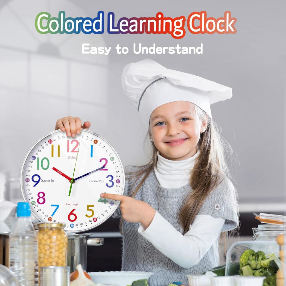 airuifu telling time teaching clock - learning clock for kids - kids wall clocks for bedrooms - kids wall clock- silent analog kids c