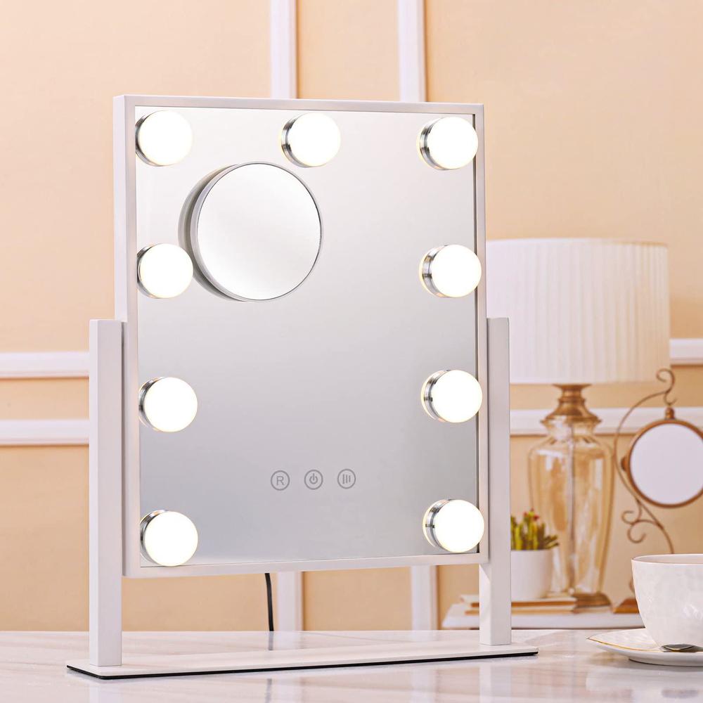 pulomi hollywood vanity mirror with light,tabletop makeup mirror with 9 led lights smart touch control 3 colors light 360rota