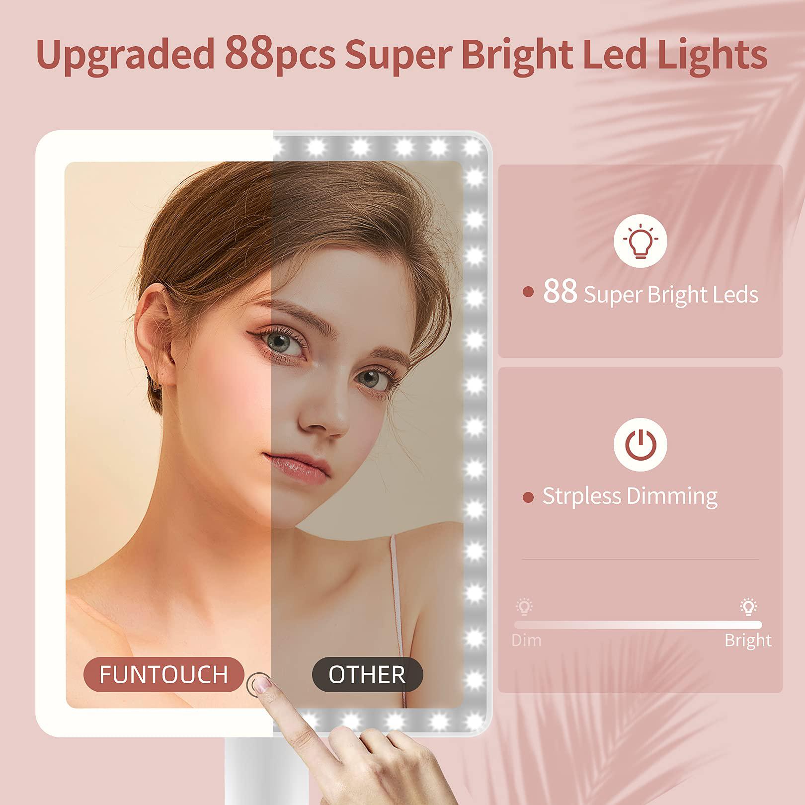 Funtouch large lighted vanity makeup mirror with light (x-large model)- 3 color lighting light up mirror with 88 led, 360 rotation tou