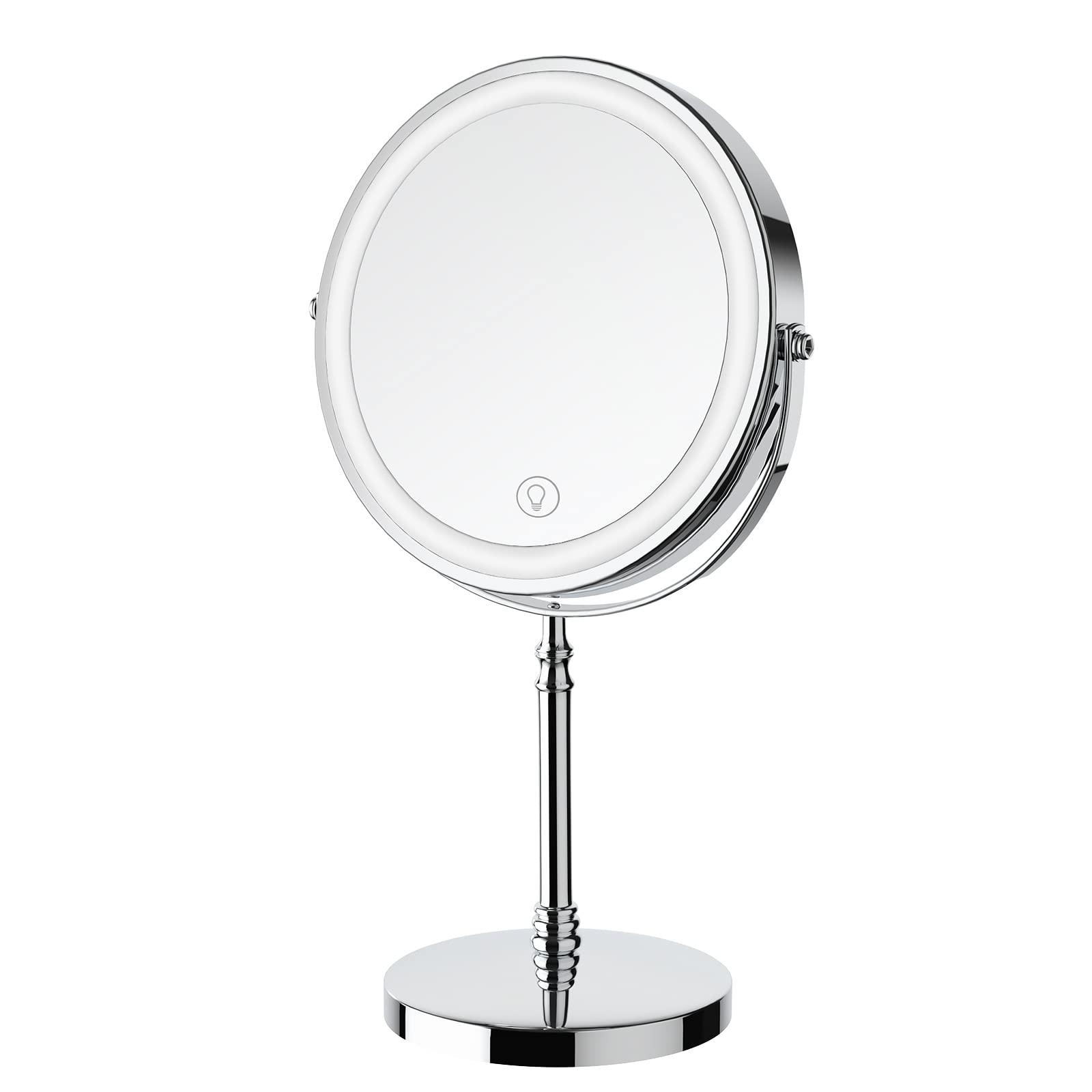 DEIOVWXS lighted makeup mirror, 8" rechargeable double sided magnifying mirror with 3 colors, 1x/10x 360 rotation touch screen vanity 