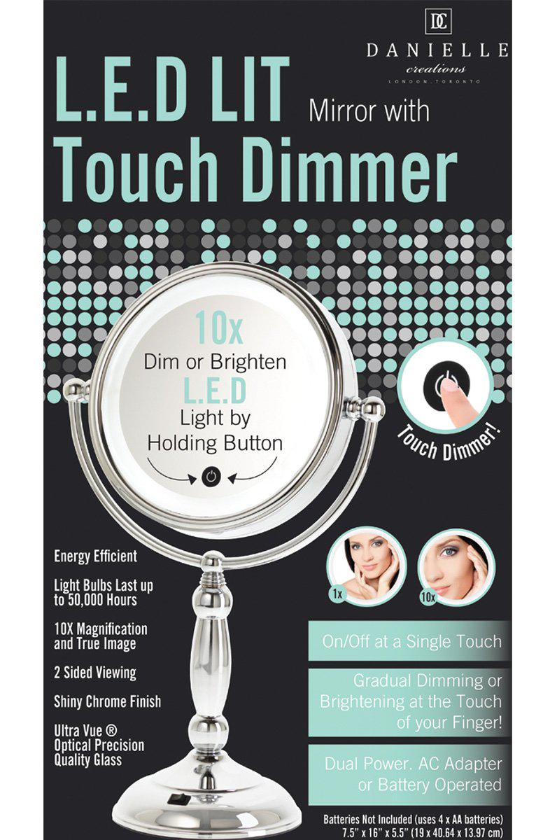 danielle led lighted two-sided makeup mirror with touch activation & dimmer, 10x magnification