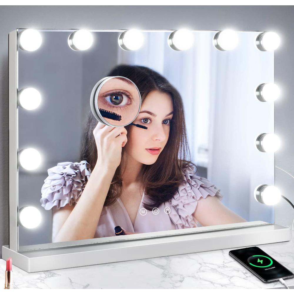 m mivonda lighted makeup vanity hollywood mirror with 3 color lights dimmable led bulbs with 10x magnification, 2in1 tabletop