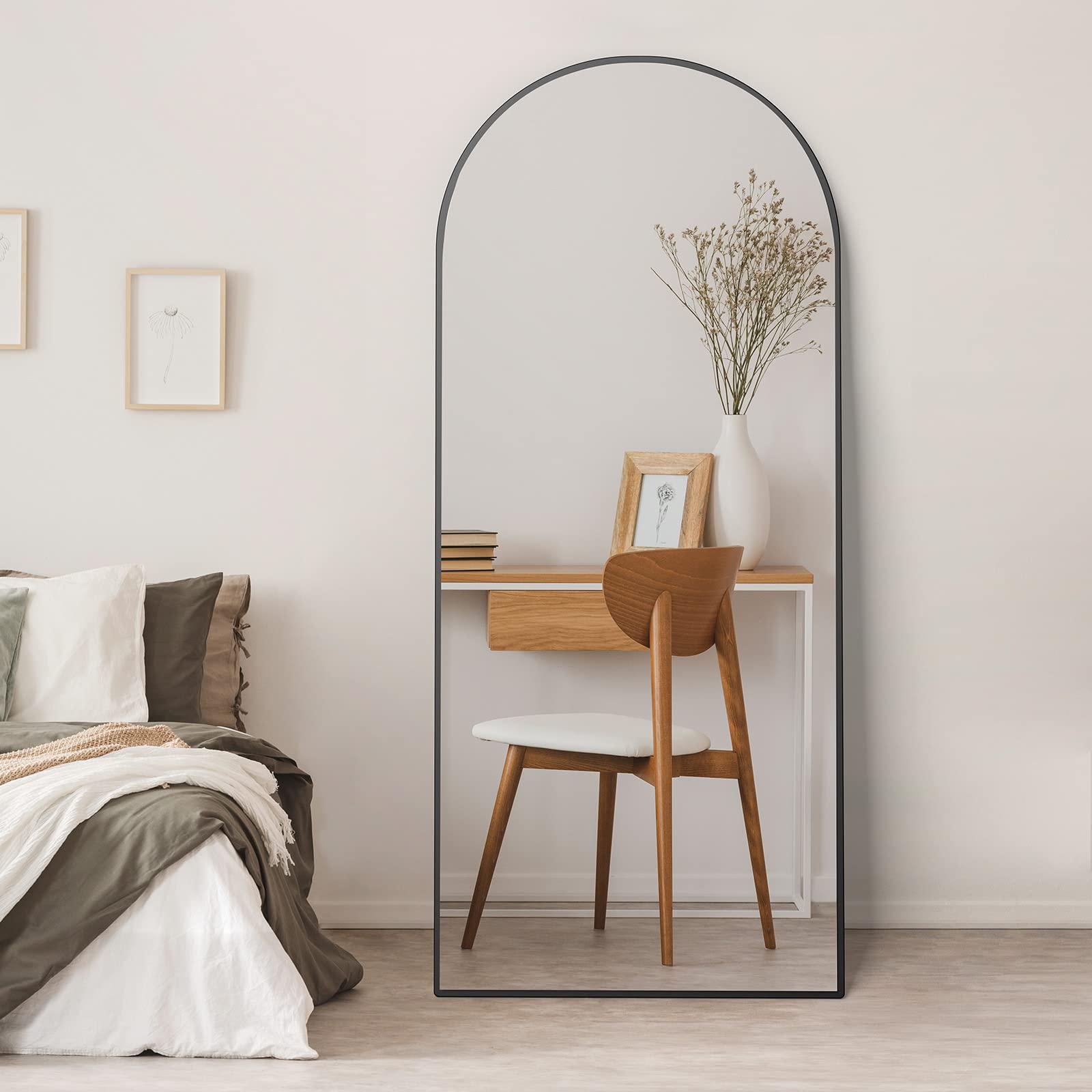 manocorro full length mirror 64"x21" arched mirror floor mirror, full body mirror, standing mirror hanging or leaning, black 