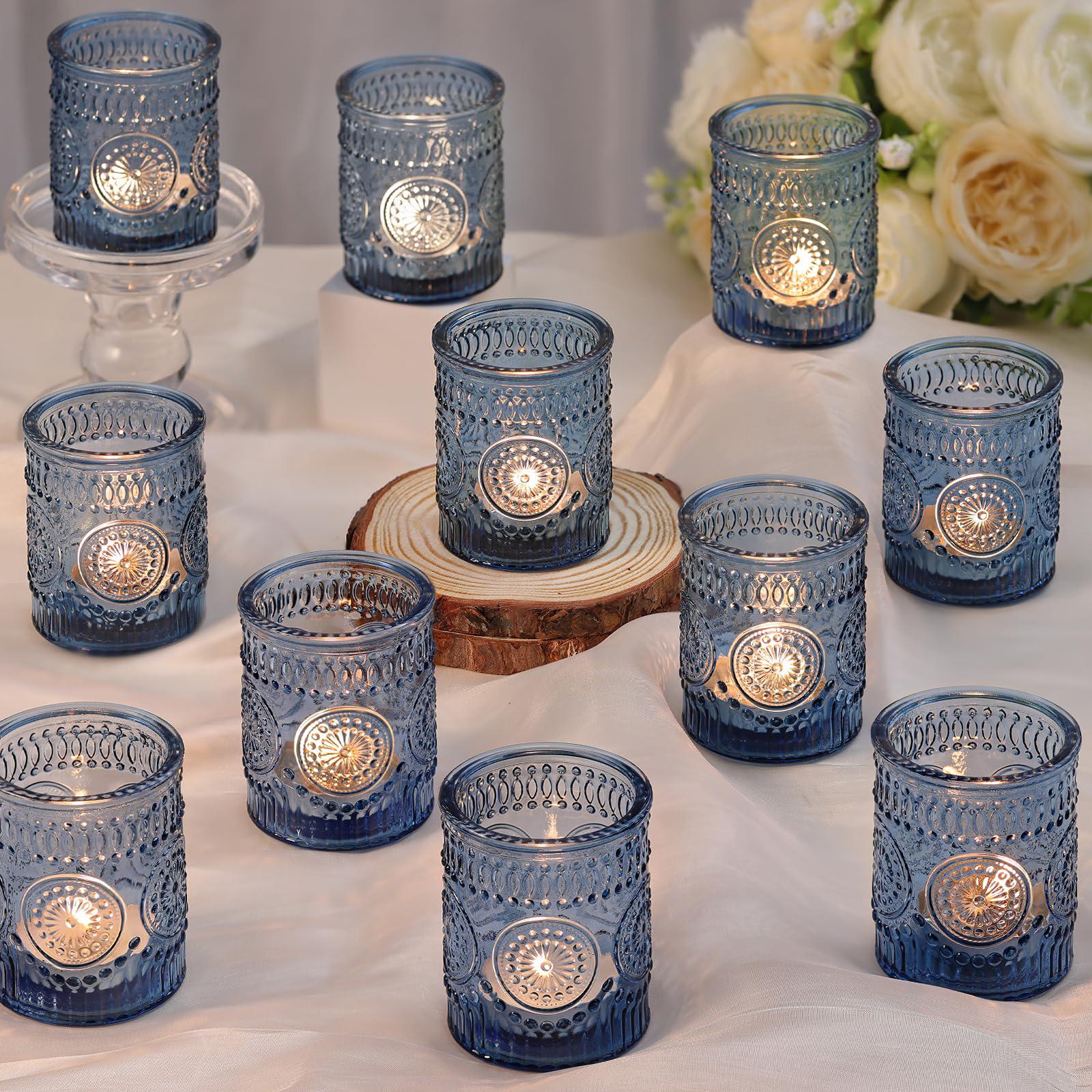 darjen blue votive candle holders set of 36- glass candle holders bulk for tea light candle, embossed candle votives for wedd
