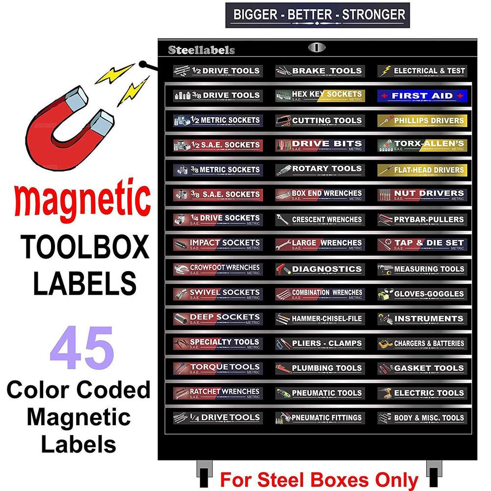 SteelLabels ultimate magnetic toolbox label organizer set for tool chest, boxes, drawers & cabinets"quick & easy" & adjustable, fits all 