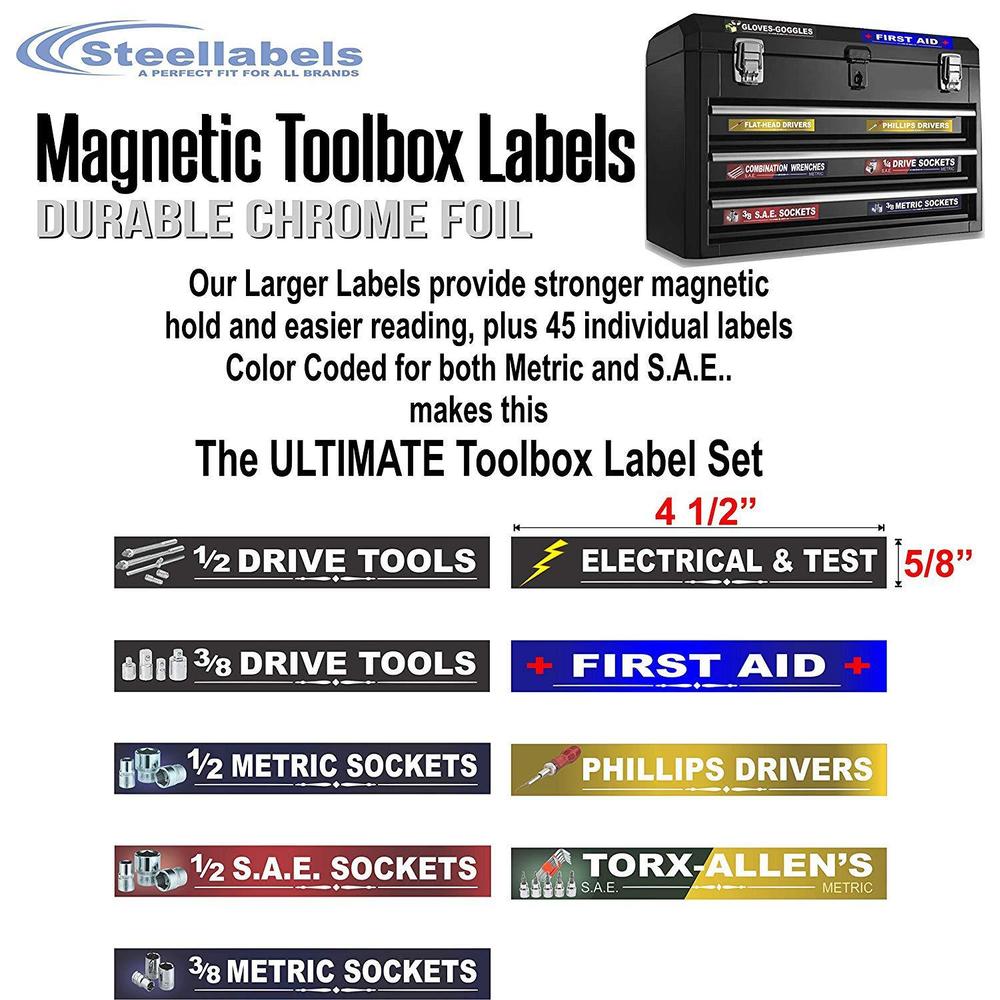 SteelLabels ultimate magnetic toolbox label organizer set for tool chest, boxes, drawers & cabinets"quick & easy" & adjustable, fits all 