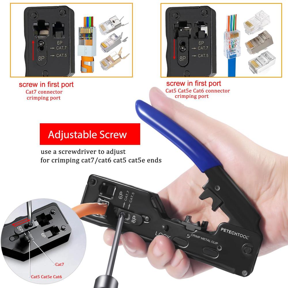 PETECHTOOL rj45 crimp tool ethernet crimper for cat7 cat6a cat5e cat5 ...