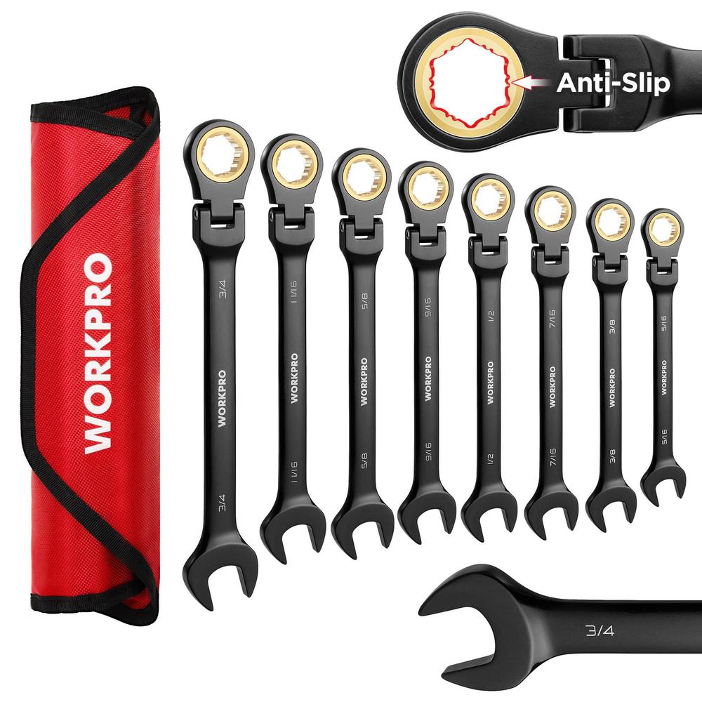 workpro ratcheting combination wrench set, 8-piece flex-head anti-slip set sae 5/16-3/4 inch, 72-teeth, cr-v constructed, bla