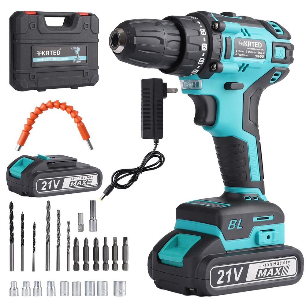 krted cordless drill driver kit?power tools drill kit with 2 lithium ion batteries, 21v impact drill 350 in-lb torque 23+1 clutch,v