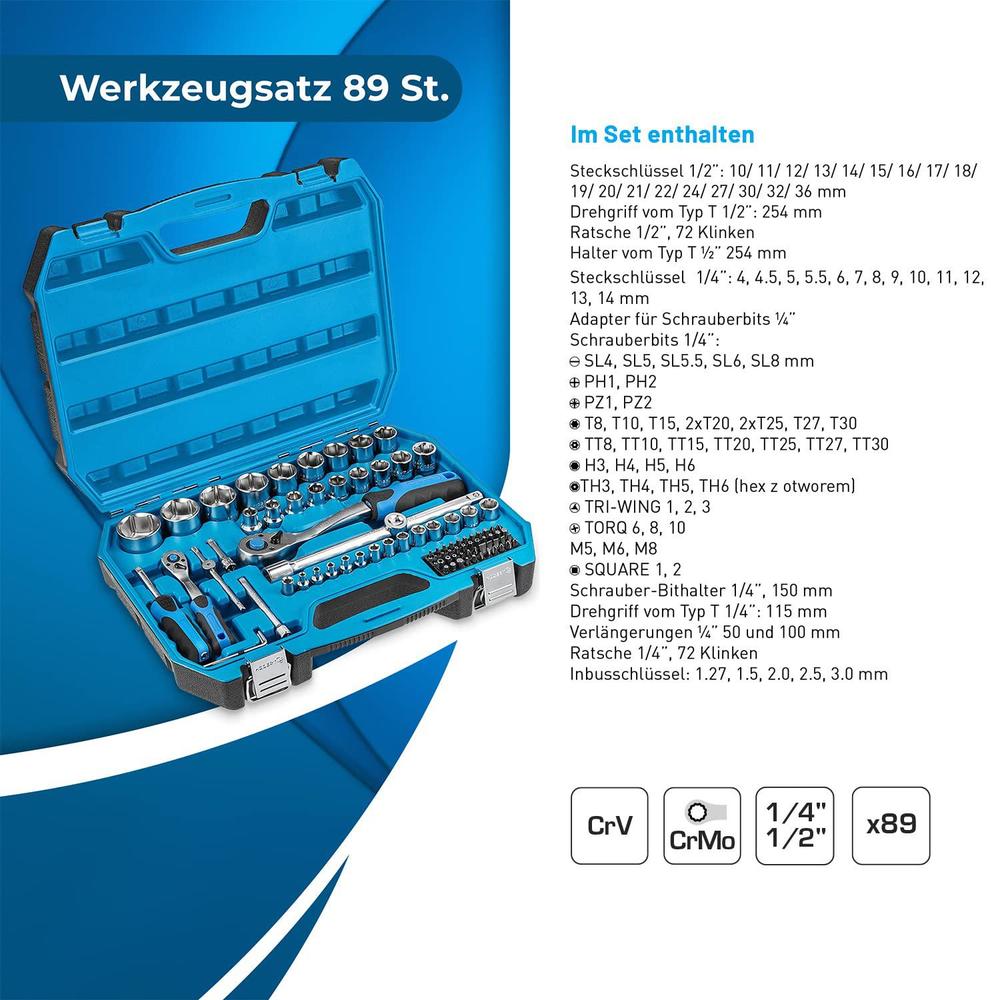 hgert tool set tool box - tool set tool tools socket spanner set screwdriver ratchet - black/blue, 1/4 inch, 1/2 inch, ht1r42