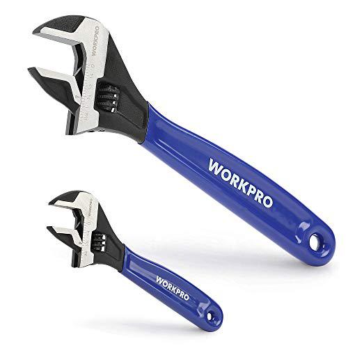 workpro 2-piece adjustable wrench set, 6-inch & 10-inch wrenches, wide jaw black oxide wrench with cushion grip, metric & sae