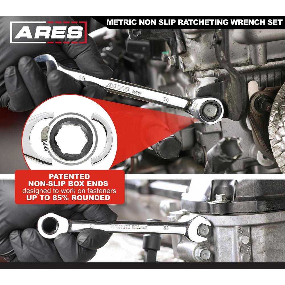 ares 35021 - 6-piece 120-tooth metric non-slip ratcheting wrench set - combination wrenches feature 120-tooth ratcheting mech