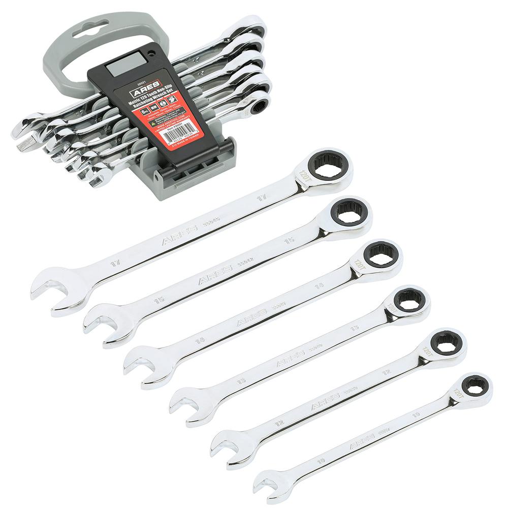 ares 35021 - 6-piece 120-tooth metric non-slip ratcheting wrench set - combination wrenches feature 120-tooth ratcheting mech