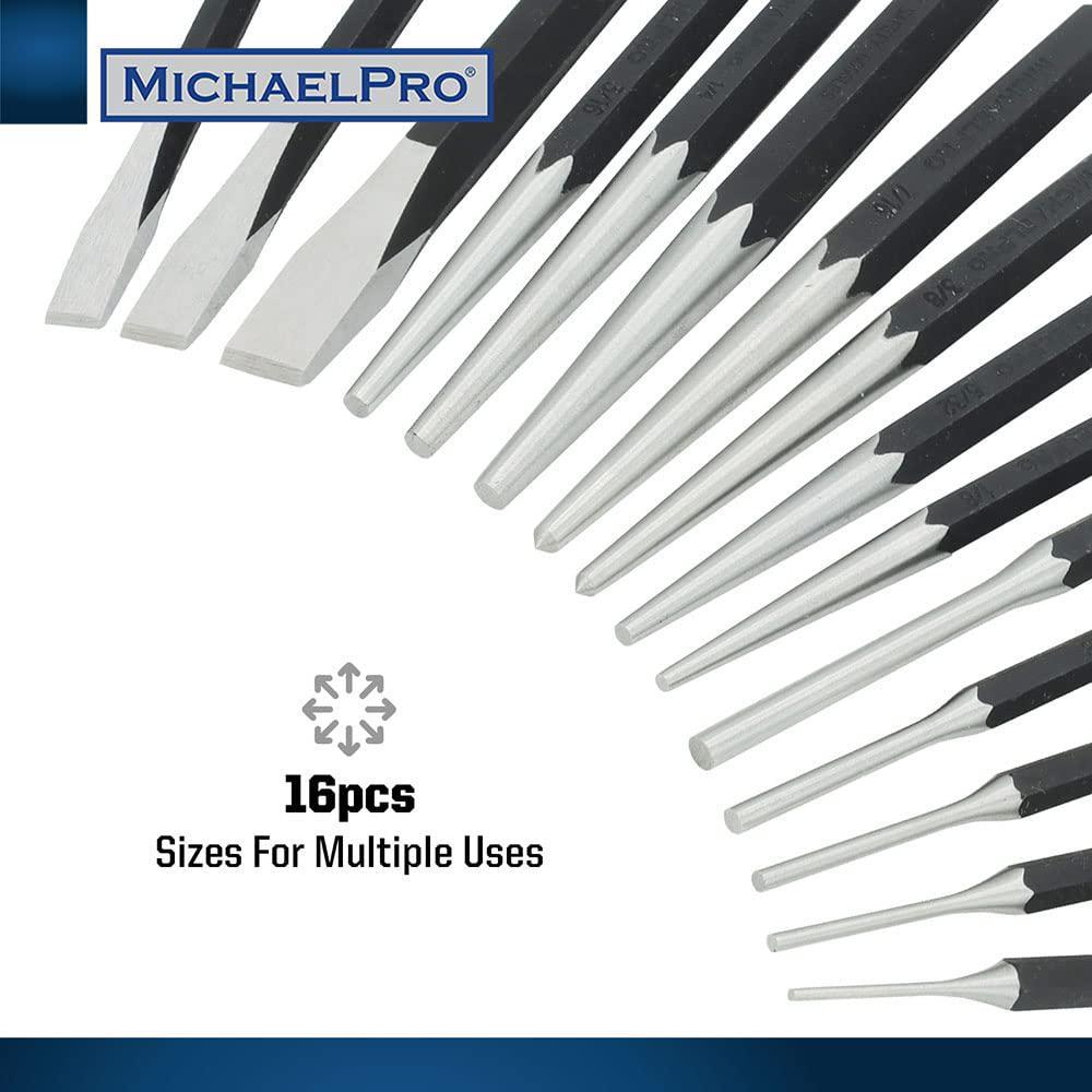 michaelpro punch and chisel set, 16-piece punch set tools with center punch, pin punch, starter punch, chisel, gauge and tool