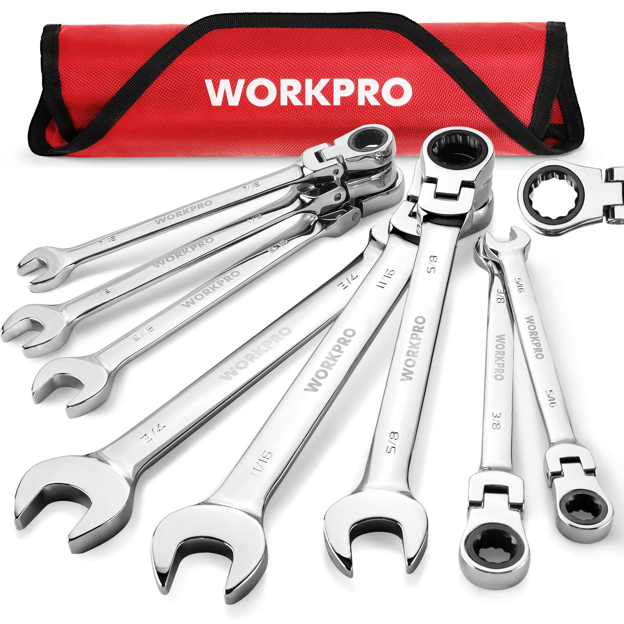workpro 8-piece flex-head ratcheting combination wrench set, sae 5/16-3/4 in, 72-teeth, cr-v constructed, mirror polished chr