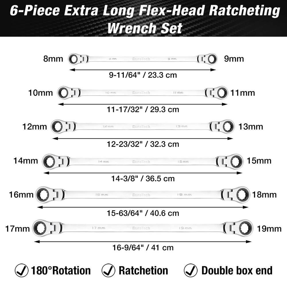 duratech extra long flex-head ratcheting wrench set, double box end wrench set, 6-piece, metric 8-19mm, cr-v steel, with pouc