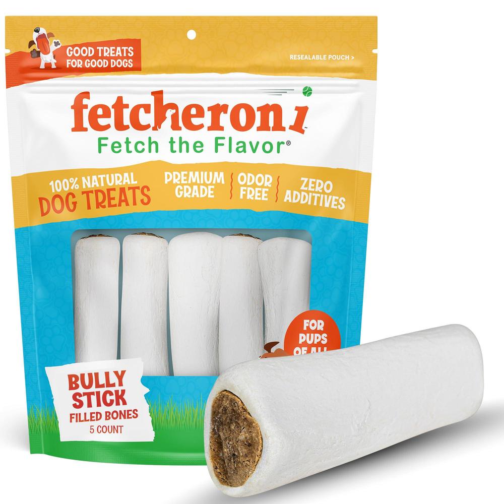 fetcheroni bully stick stuffed dog bones - 3-4 inch long dog treats - natural stuffed dental dog bone treats for dogs - 5 pac