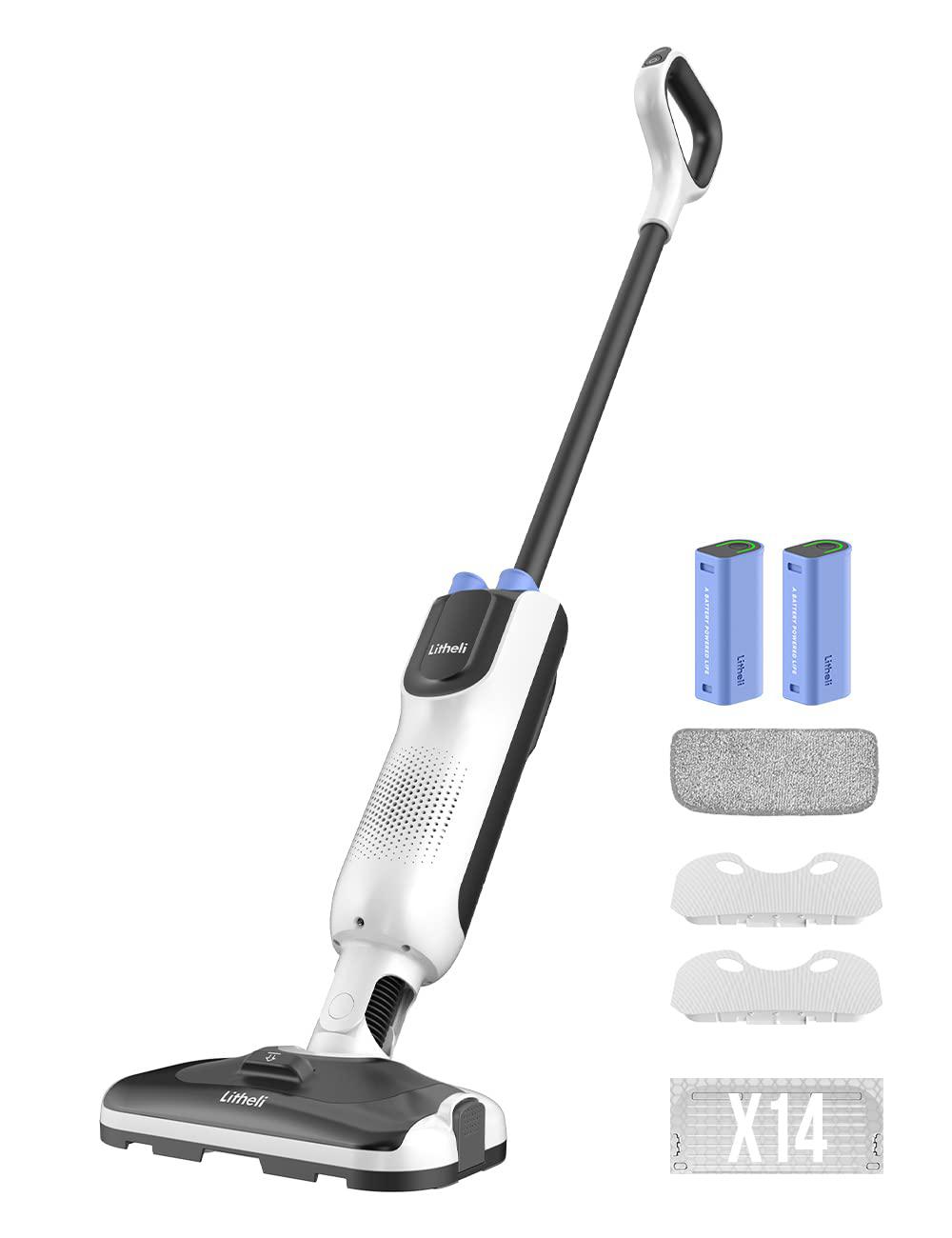 litheli cordless vacuum mop cleaner, 2-in-1 hard floor stick vacuum, wet dry mop, 2 disposable dust boxes, 14 disposable pads