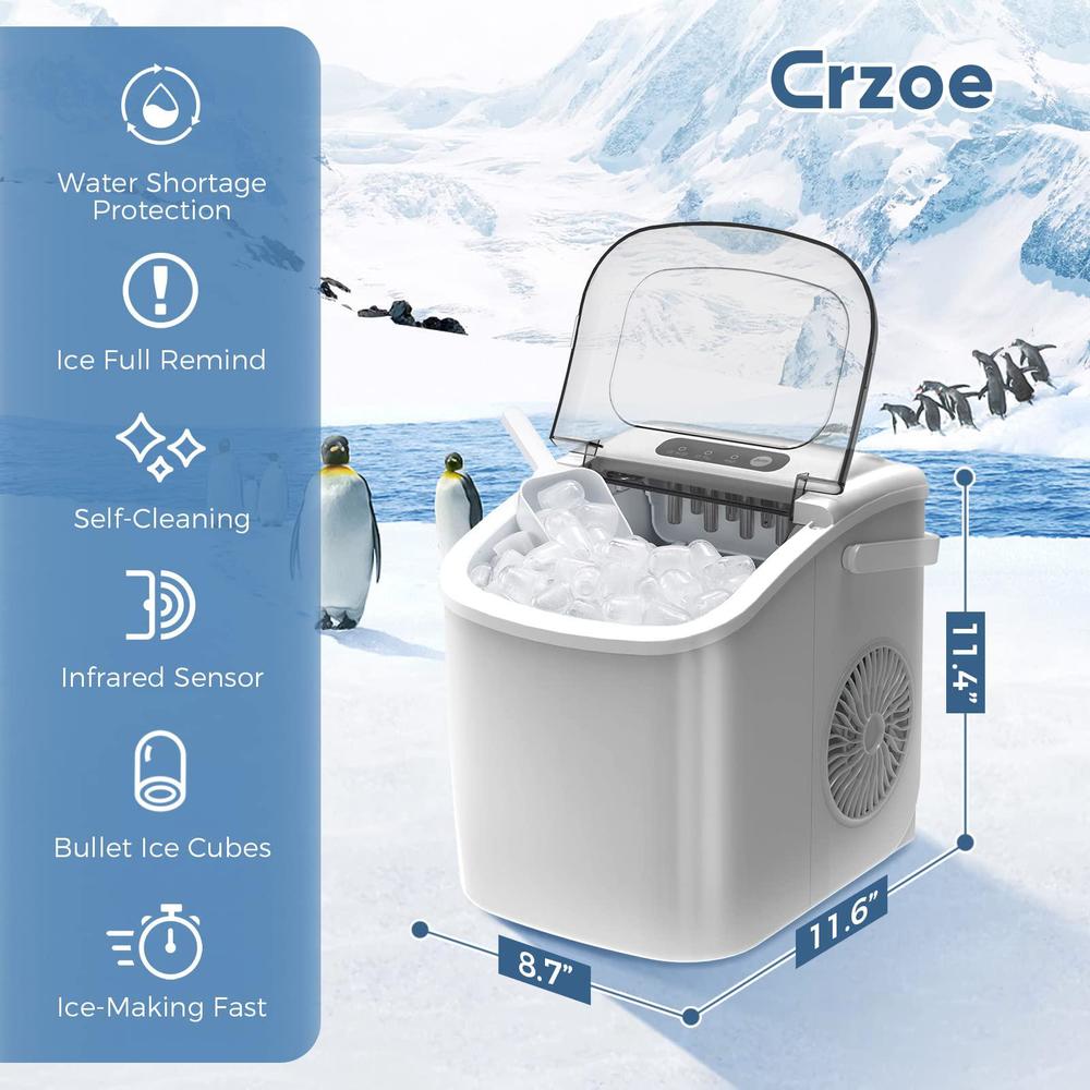 crzoe portable countertop ice maker machine with handle, 9 bullet-shaped ice cubes ready in 6 mins, 26lbs/24h, self-cleaning functi
