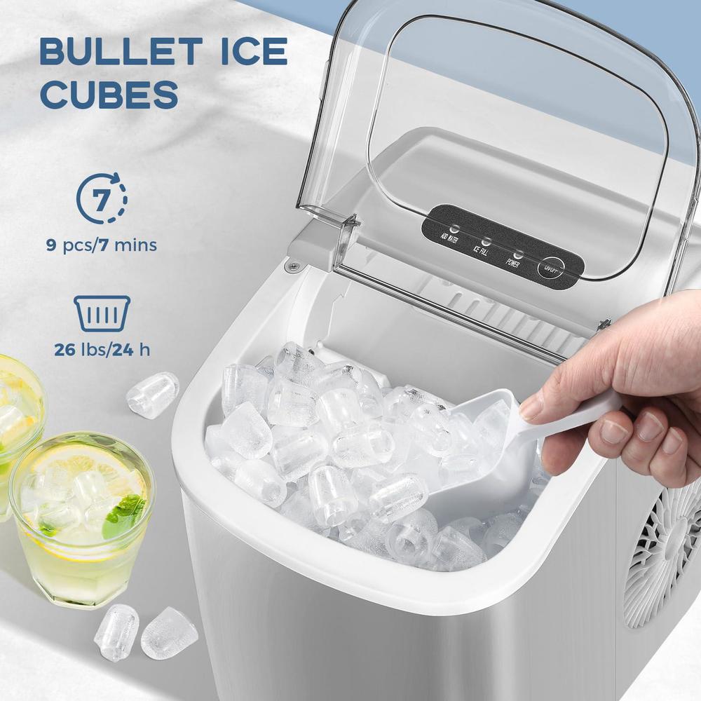 crzoe portable countertop ice maker machine with handle, 9 bullet-shaped ice cubes ready in 6 mins, 26lbs/24h, self-cleaning functi
