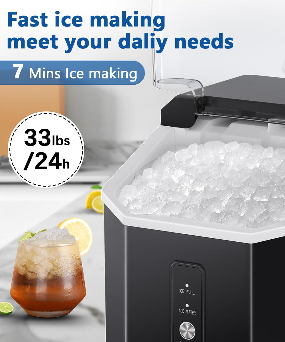 joy pebble ice maker countertop, 10,000pcs/33lbs/day, portable handheld nugget ice maker machine with handle, self-cleaning, 