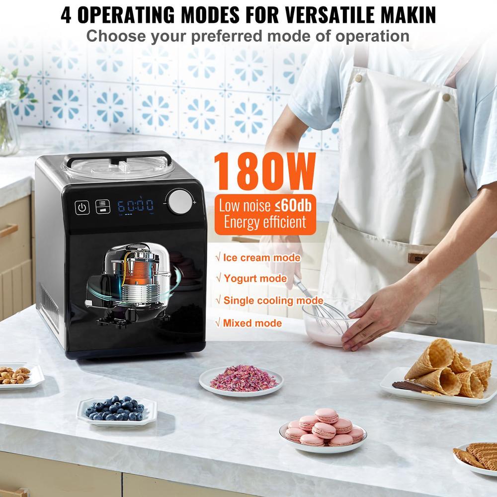 vevor upright automatic ice cream maker with built-in compressor, 2 quart no pre-freezing fruit yogurt machine, stainless ste