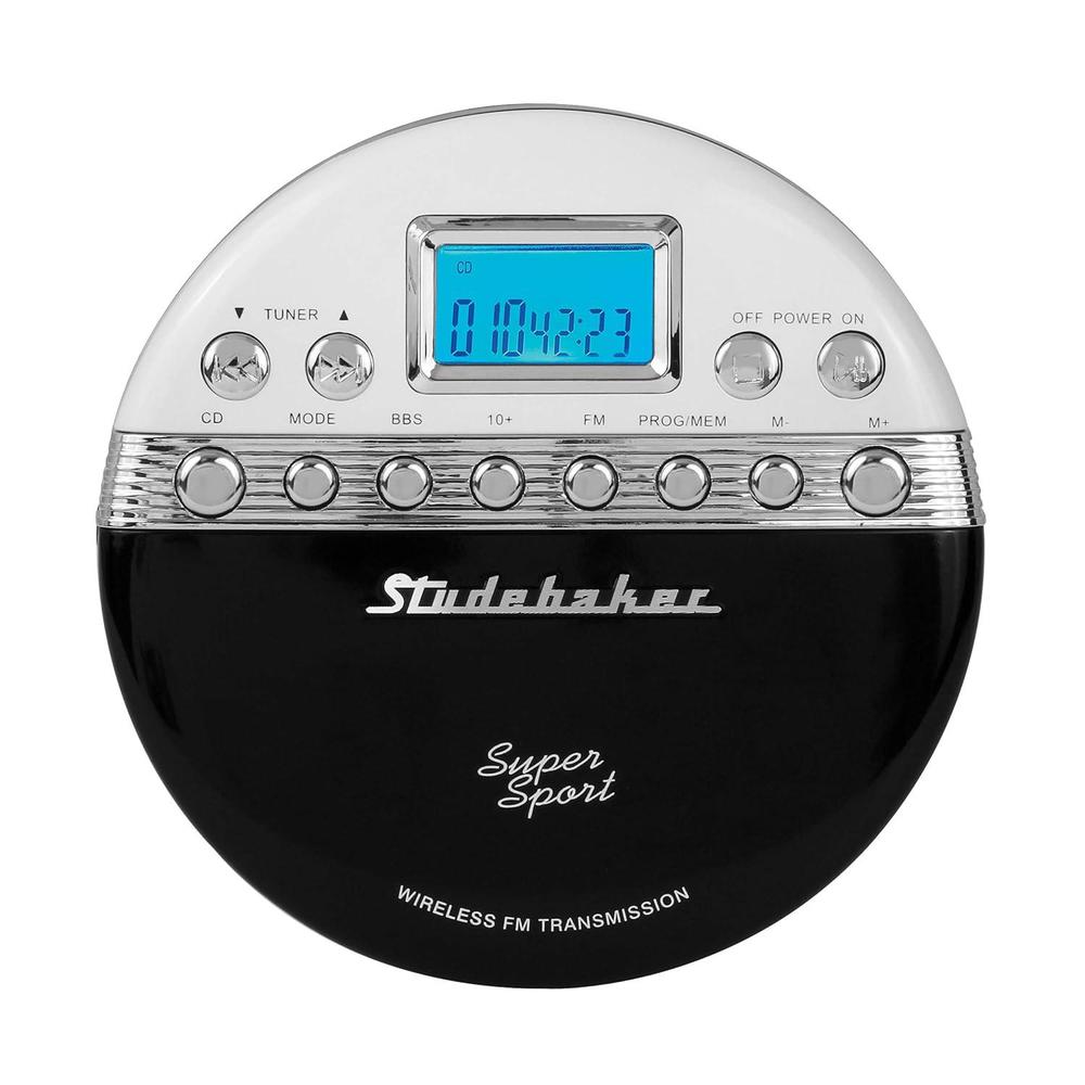 studebaker sb3705bw super sport portable cd player plays cds wirelessly through car radio includes fm stereo radio and color 