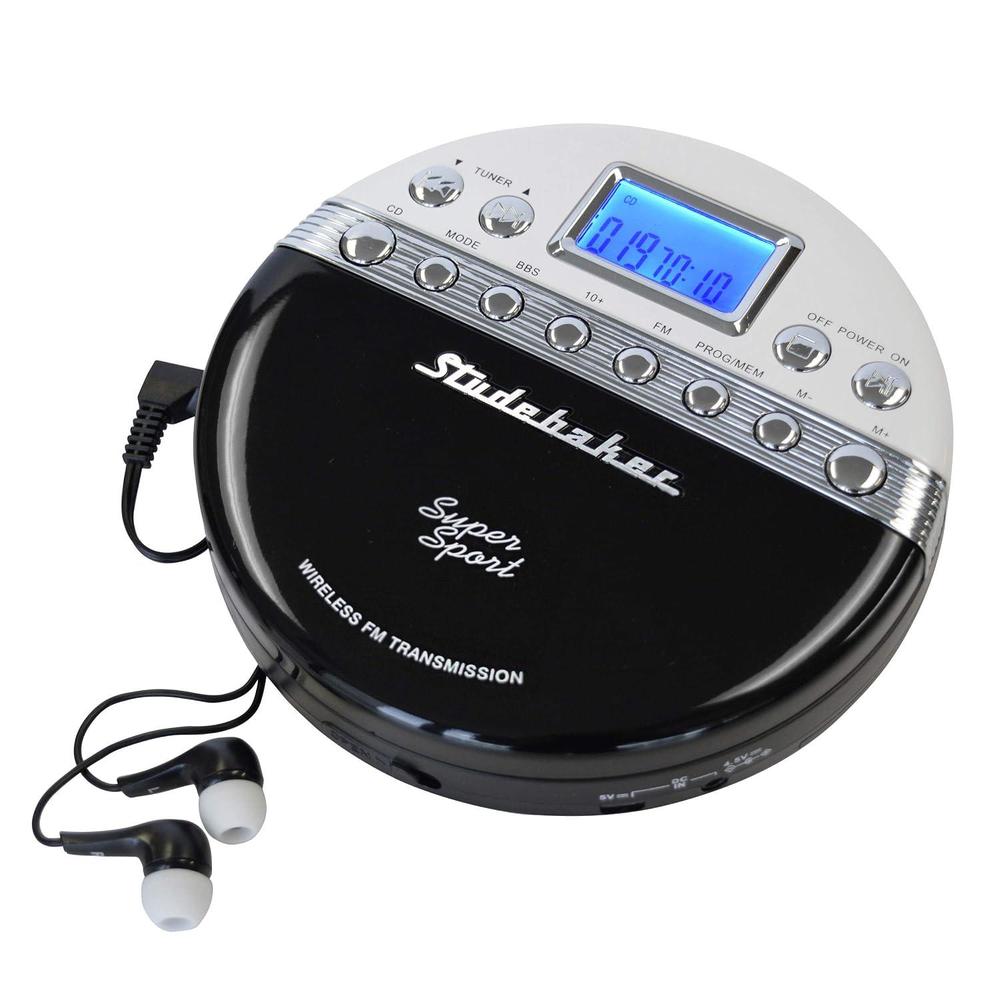 studebaker sb3705bw super sport portable cd player plays cds wirelessly through car radio includes fm stereo radio and color 