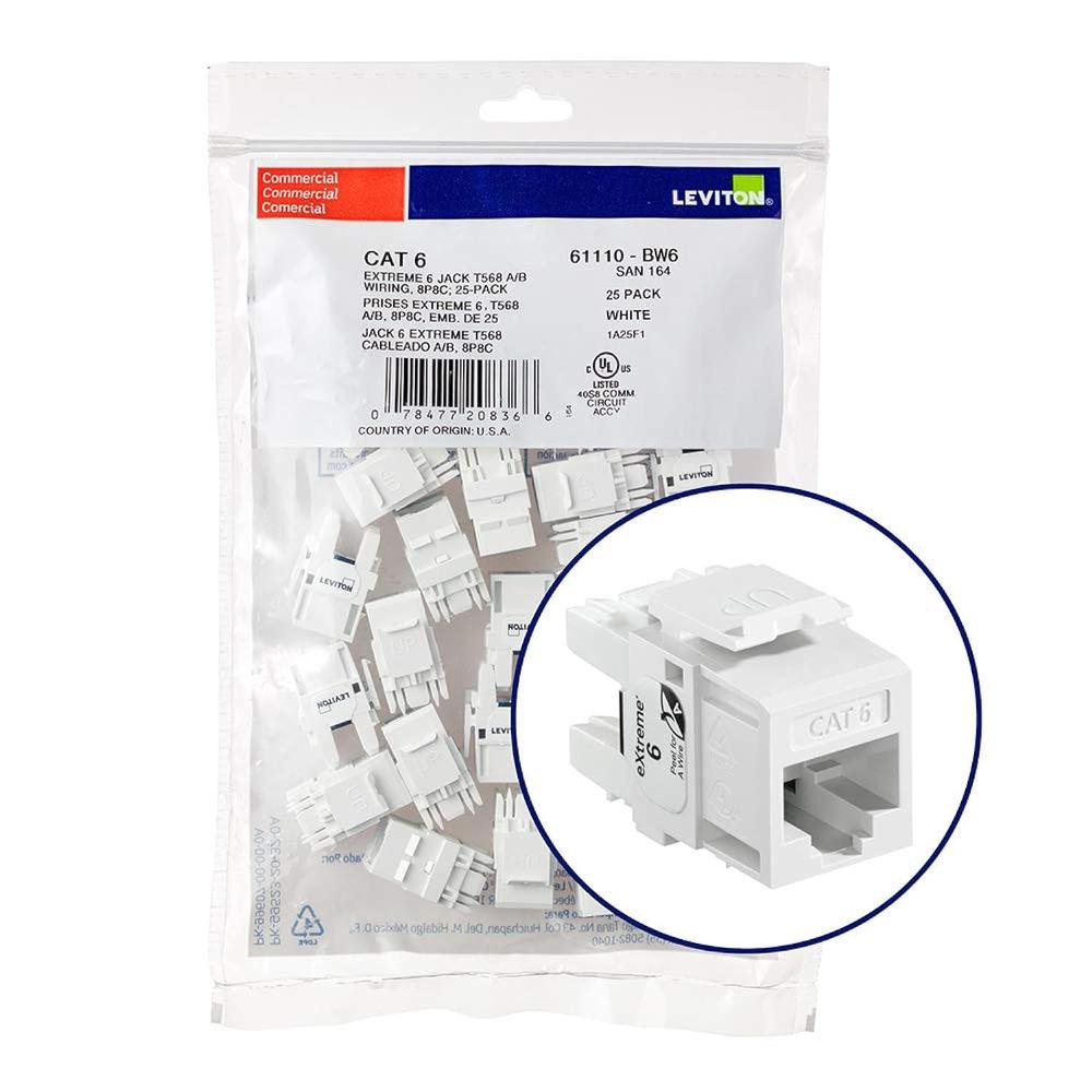 leviton 61110-bw6 extreme 6+ quickport connector, cat 6, white, 25-pack